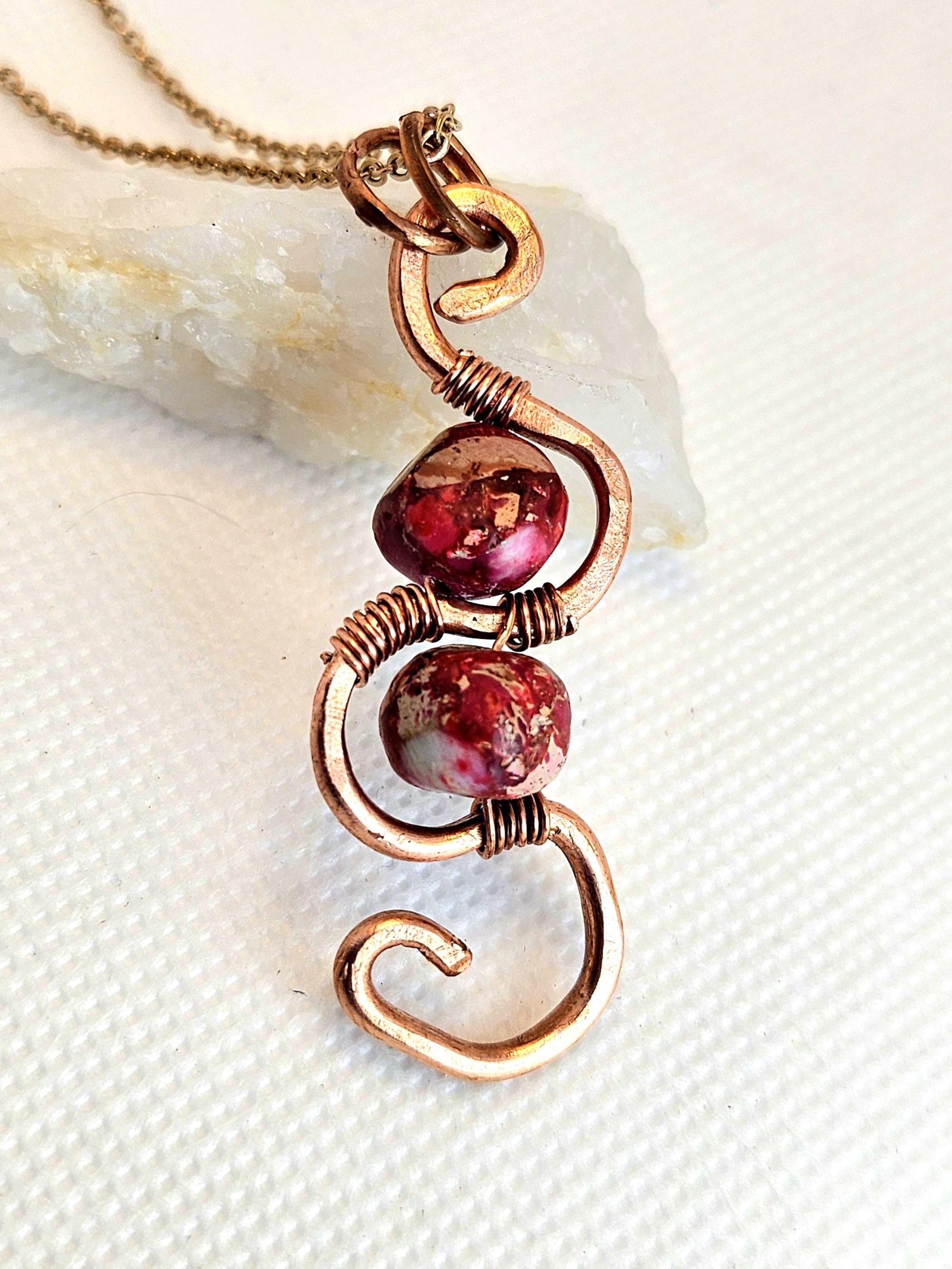 Hand Textured Copper  Stone Pendant - Rustic Boho Handmade Jewelry Gift for Her - Unique Artisan Necklace with FREE SHIPPING