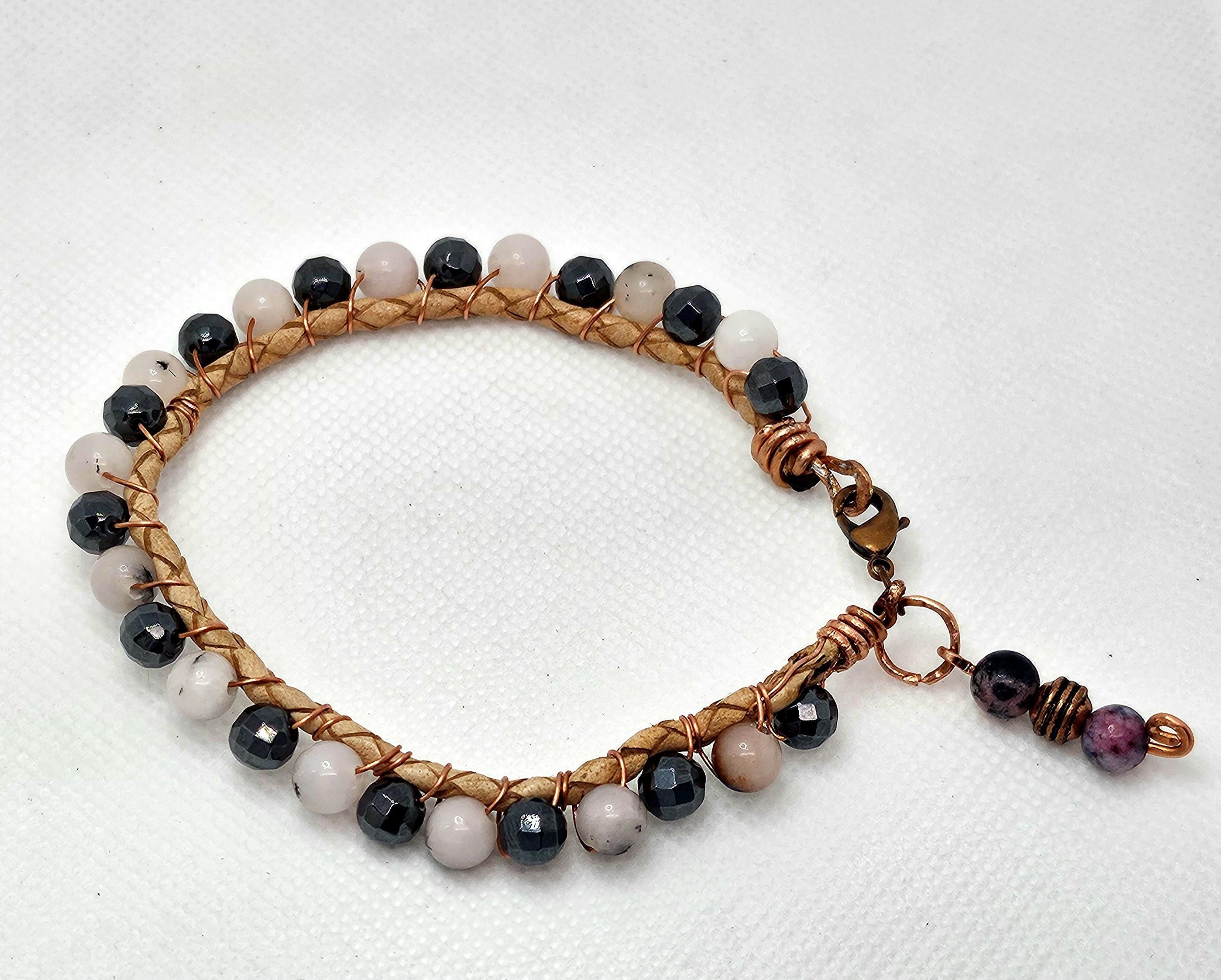 Rutilated Quartz  Hematite Leather Bracelet - Rustic Boho Handmade Jewelry Gift for Her - FREE SHIPPING