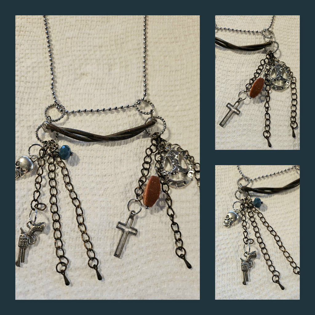 Rustic Bar Necklace with Goldstone  Silver Solder on Stainless Steel Chain - Unique Handmade Jewelry for Rustic Charm