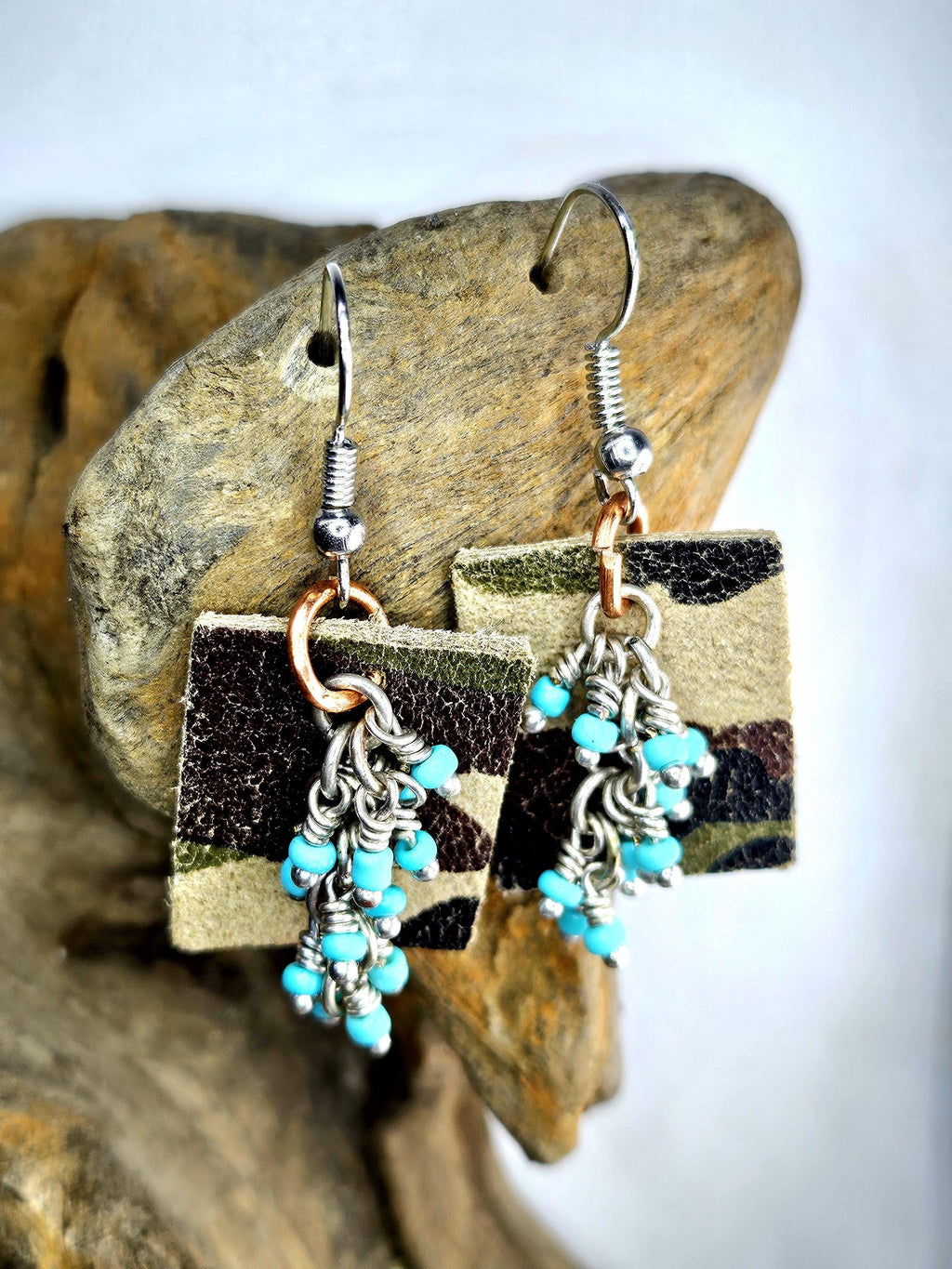 Handcut Camouflage Leather  Turquoise Earrings with Comfortable Stainless Steel Hooks for Nature Lovers