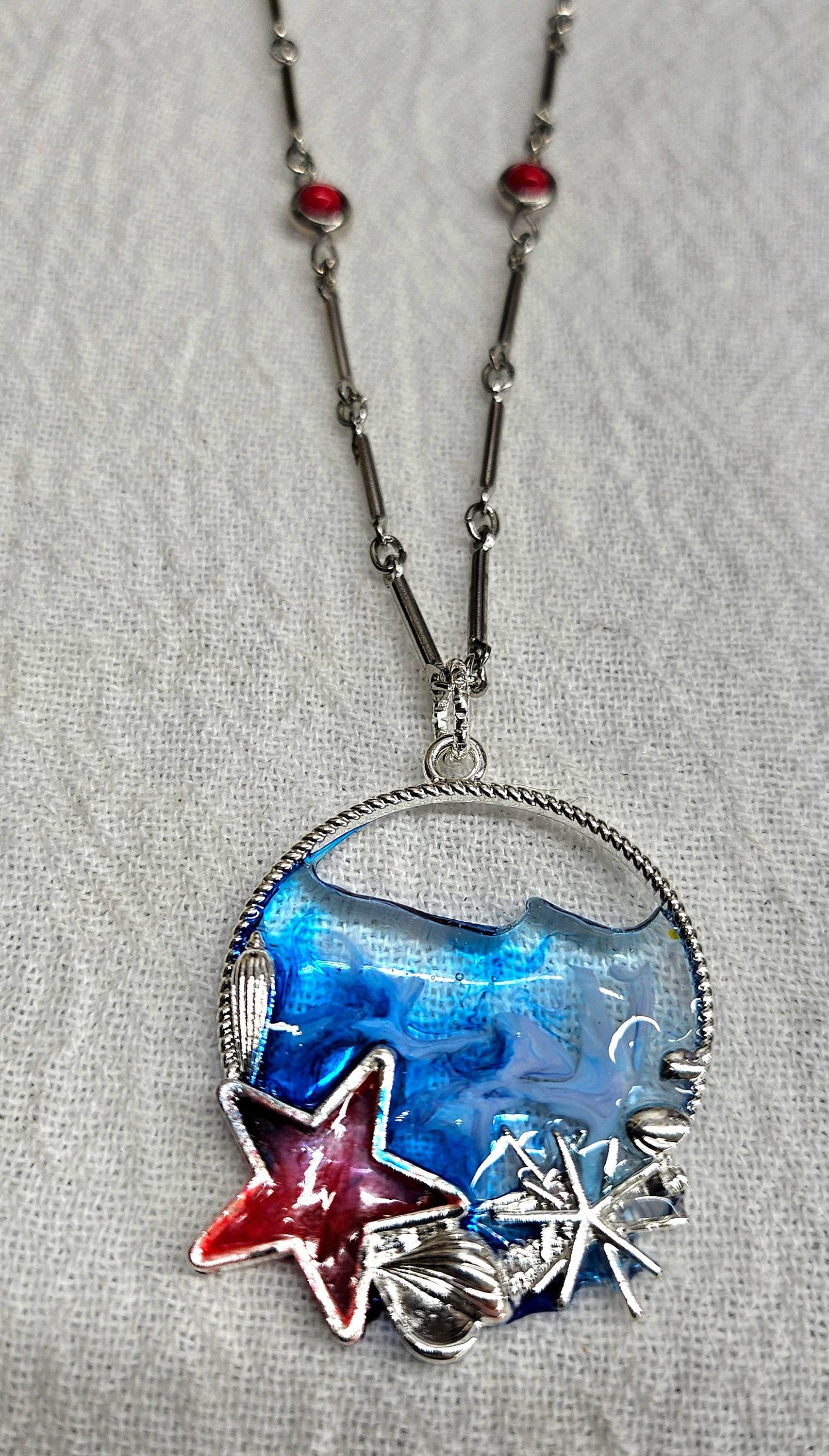 Handmade Red White Blue Resin Pendant Rustic Boho Jewelry Gift for Her  Free Shipping Unique Statement Piece Perfect for Any Occasion