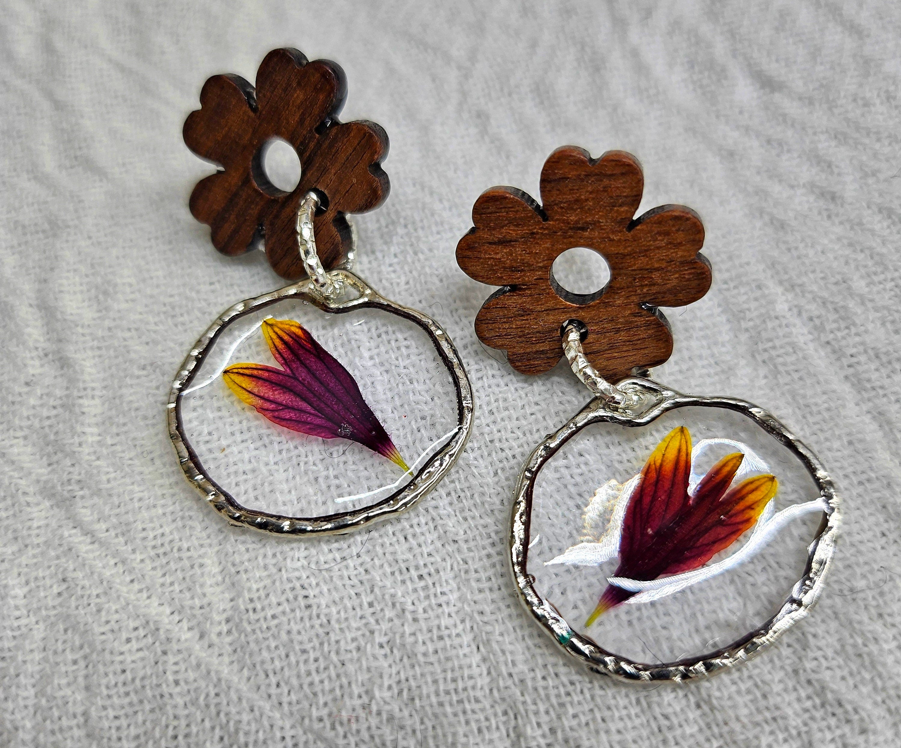 Oklahoma Wildflower Resin Flower Earrings - Handmade Red Wood Jewelry with Real Blanket Flowers - Unique One-of-a-Kind Accessories