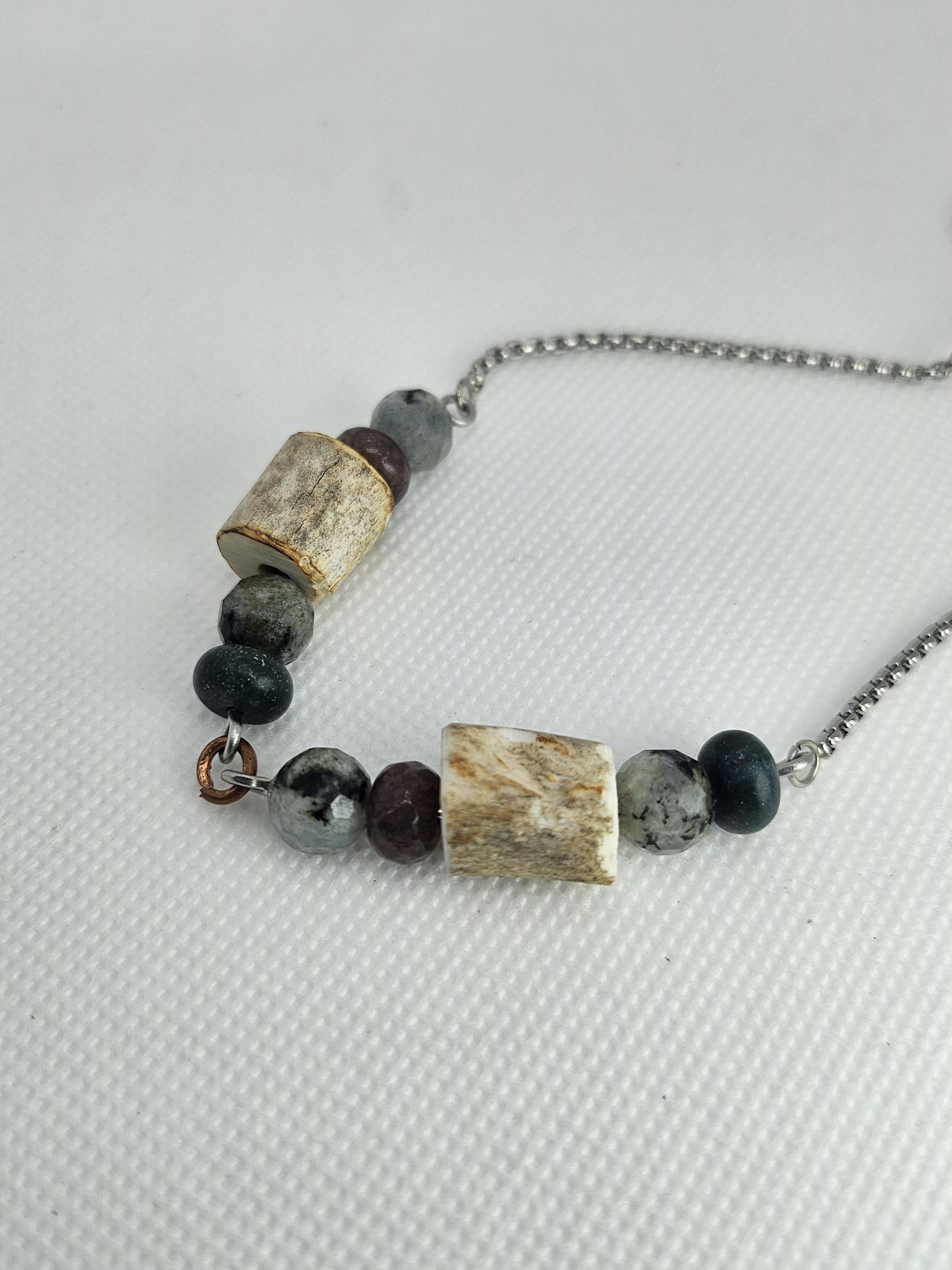 Deer Antler Bead  Kiwi Jasper Slide Bracelet - Rustic Boho Handmade Jewelry Gift for Her - Unique Statement Piece with Free Shipping