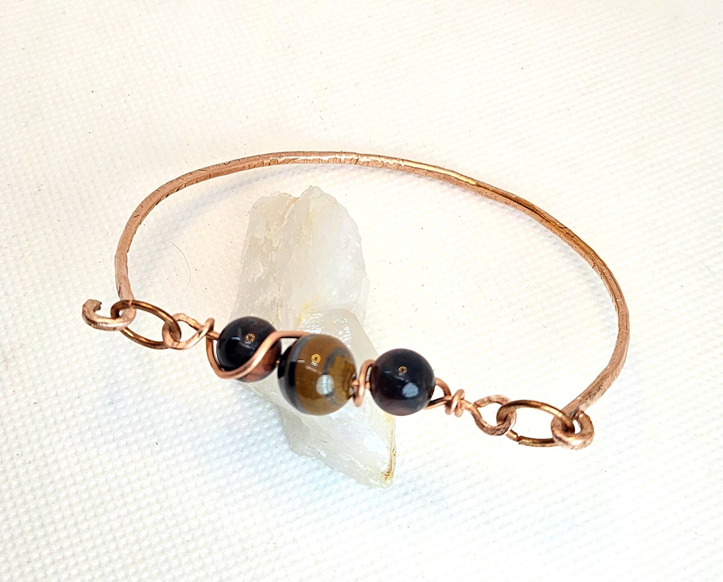 Textured Copper Bangle Bracelet with Red Tiger Eye Stone  Handcrafted Rustic Boho Jewelry  Unique Accessory for Everyday Wear  Gifts