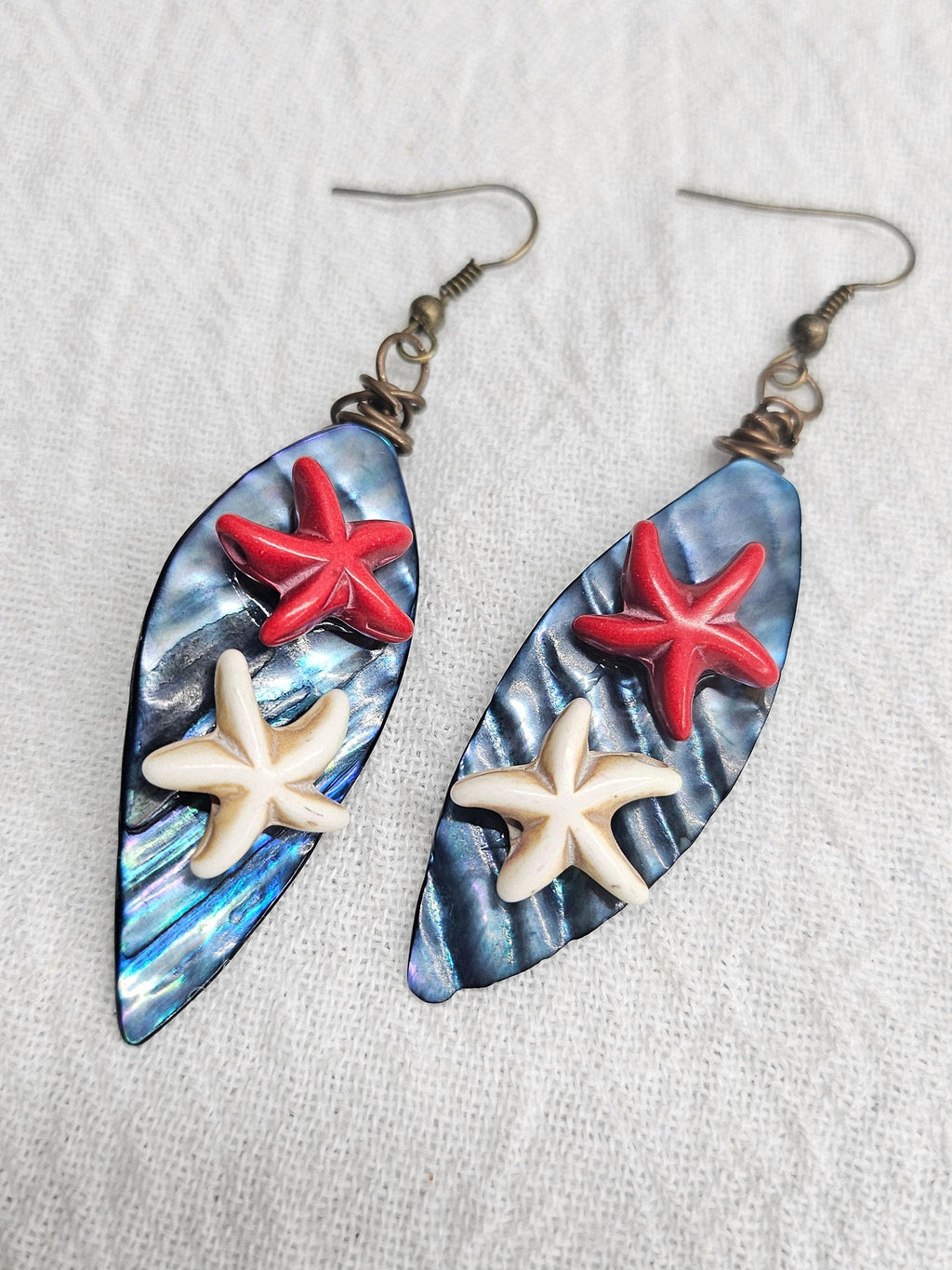 Handmade Blue Mother of Pearl  Magnesite Star Fish Earrings  Rustic Boho Jewelry Gift for Her  FREE SHIPPING