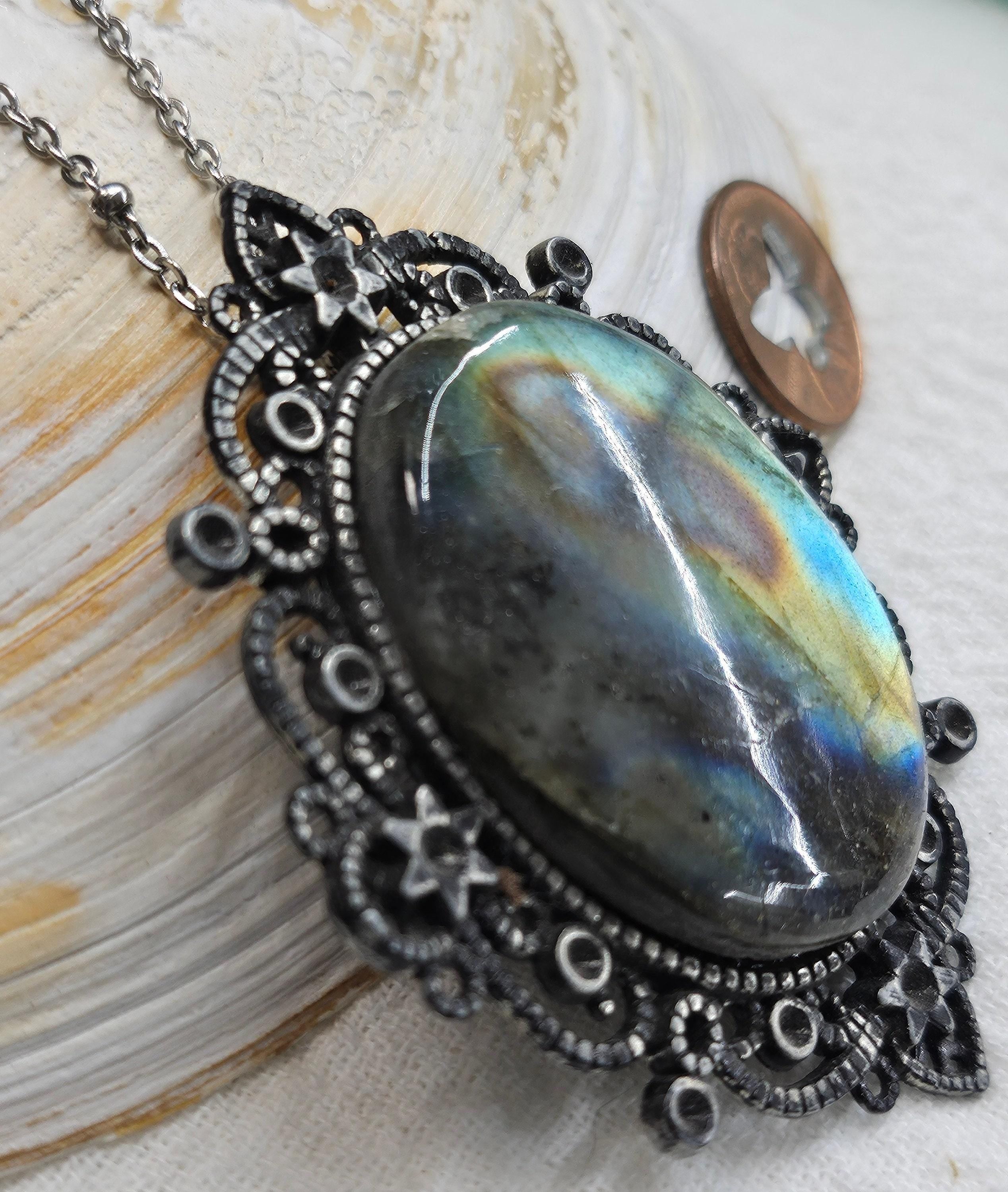 Natural Blue  Gold Flash Labradorite Stone Pendant - Unique Rustic Boho Handmade Jewelry Gift for Her - Artisan Accessory with Free Shipping