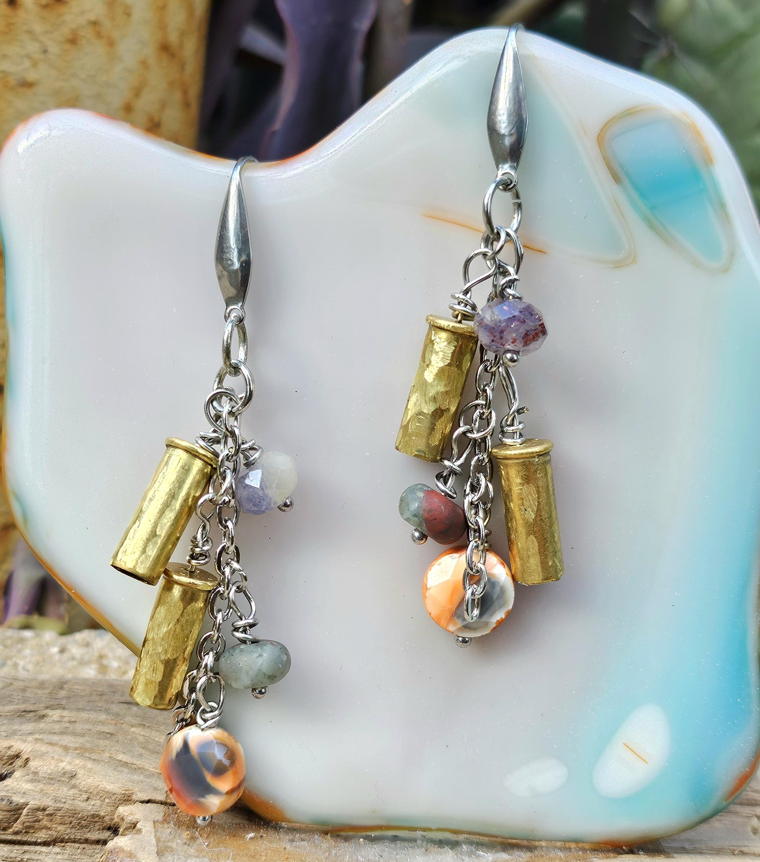 Hand Textured 22 Shell Earrings with Carnelian Amethyst  Bloodstone Beads on Stainless Steel Hooks  Unique Statement Jewelry