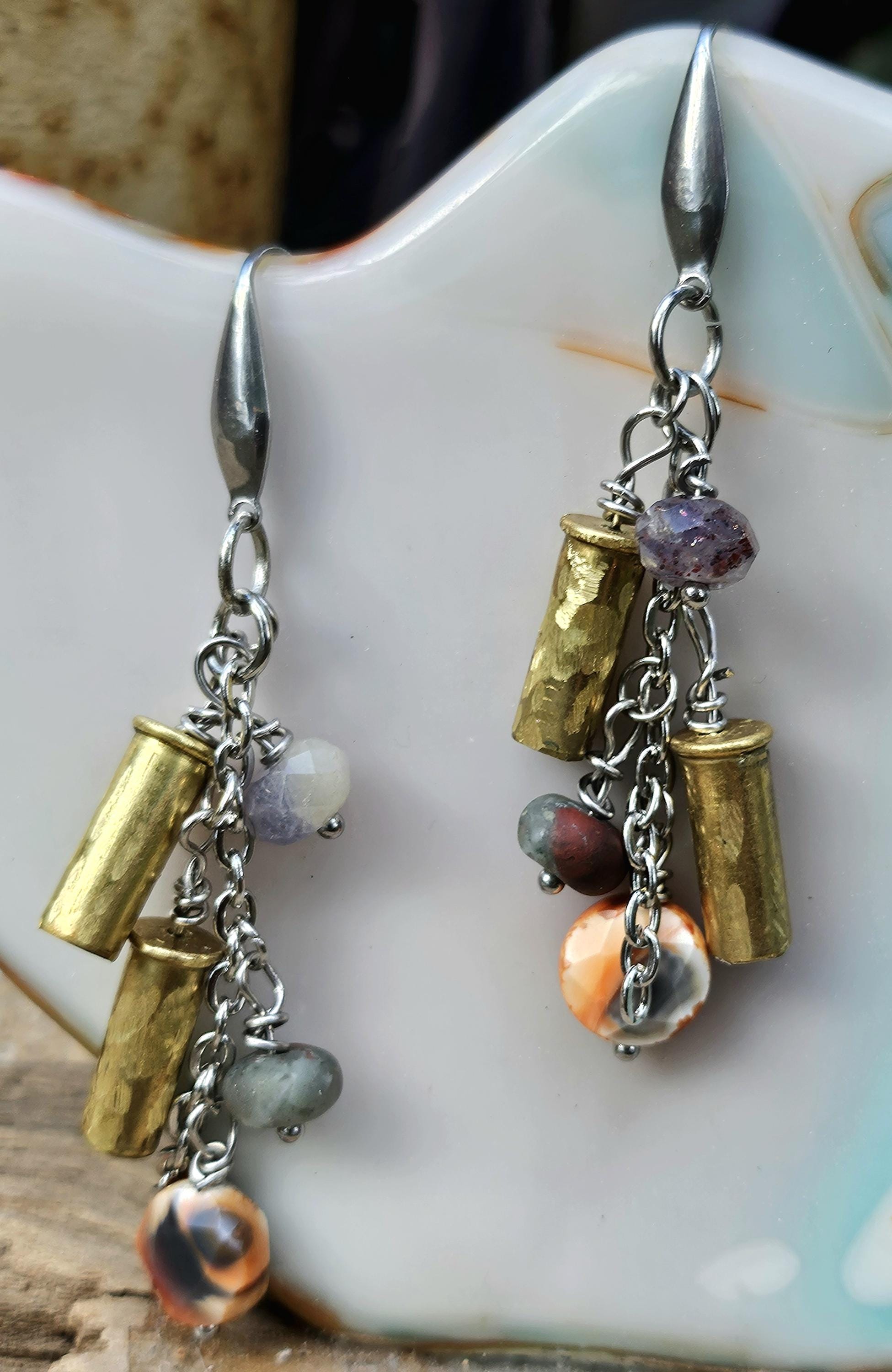 Hand Textured 22 Shell Earrings with Carnelian Amethyst  Bloodstone Beads on Stainless Steel Hooks  Unique Statement Jewelry
