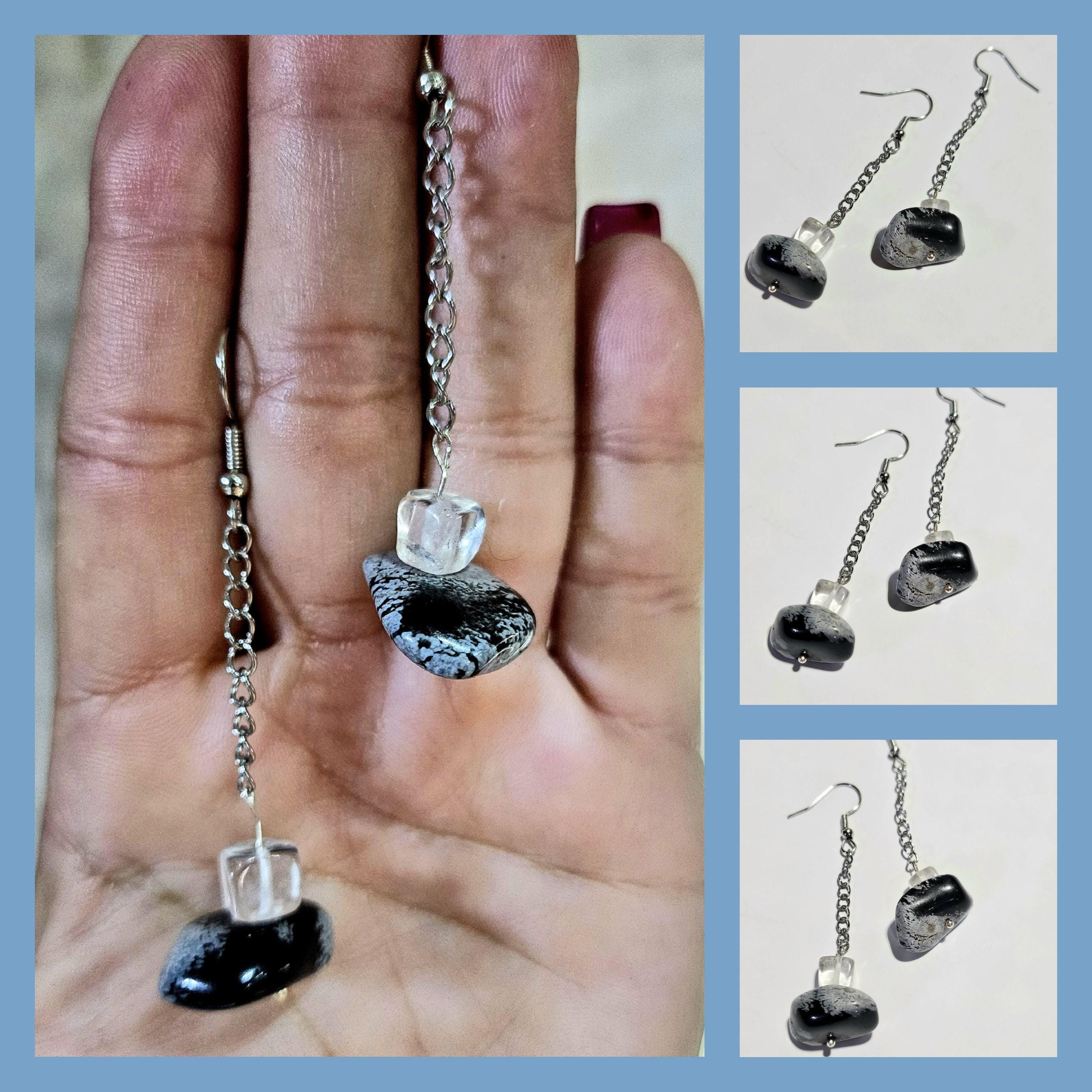 Snowflake Obsidian  Chain Drop Earrings Handmade Rustic Boho Jewelry Gift for Her Unique Statement Accessories with Free Shipping