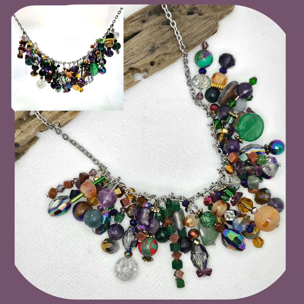 Crystal  Glass Cluster Necklace - Rustic Boho Handmade Jewelry Gift for Her - Free Shipping - Unique Statement Piece for Any Occasion