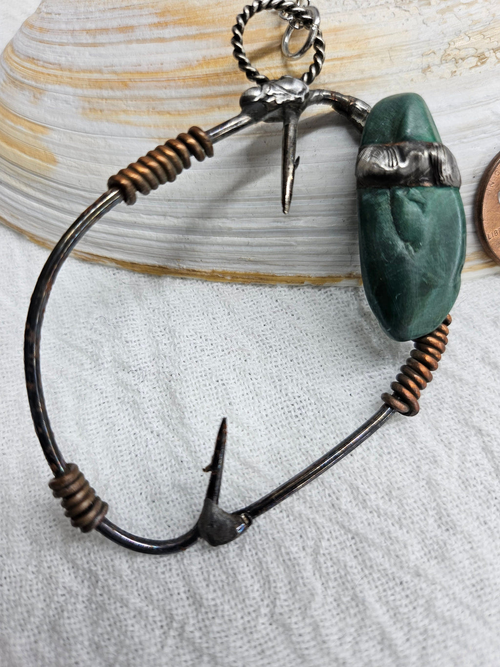 Fish Hook Malachite Stone Pendant Necklace on 20 Stainless Steel Chain for Stylish Jewelry Lovers Fun  Flirty Accessory