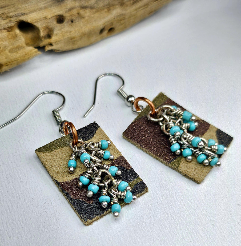 Handcut Camouflage Leather  Turquoise Earrings with Comfortable Stainless Steel Hooks for Nature Lovers
