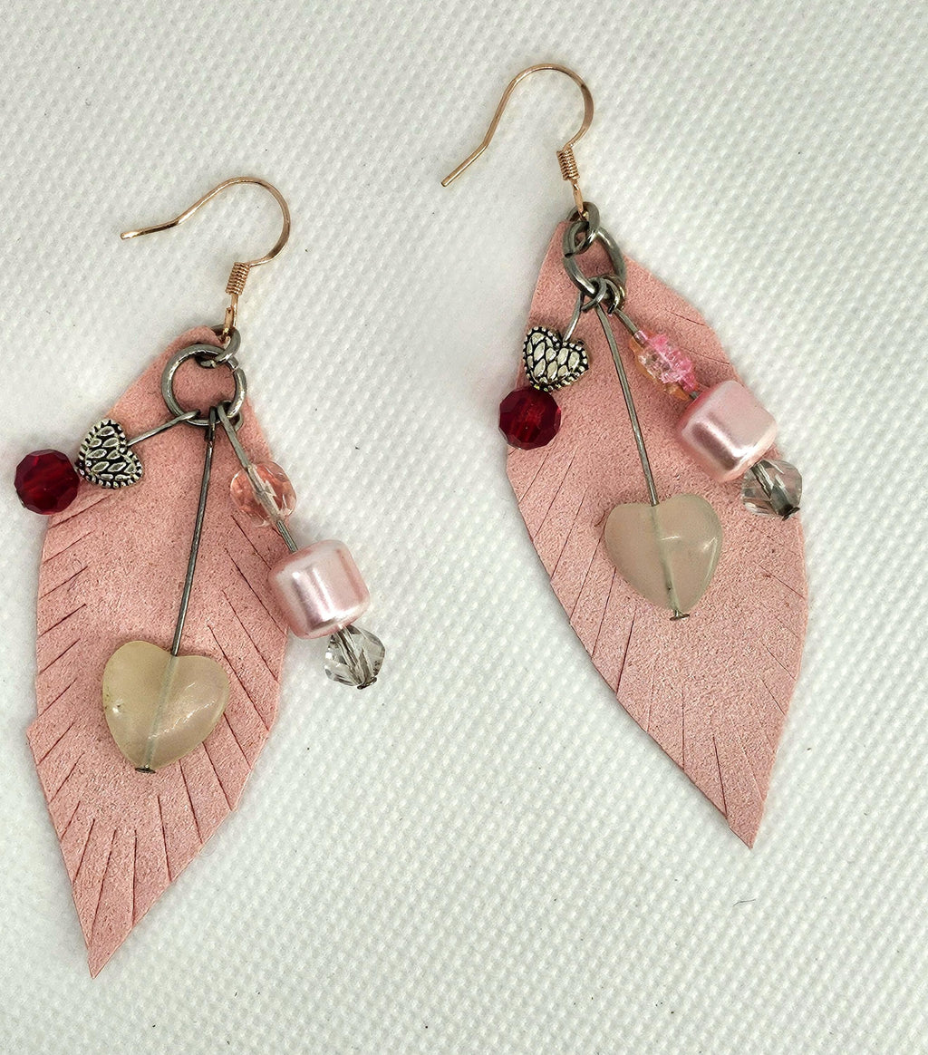 Handcrafted Leather Feather Earrings with Agate  Hematite  Rustic Boho Jewelry with Rose Gold Hooks for Everyday  Special Occasions