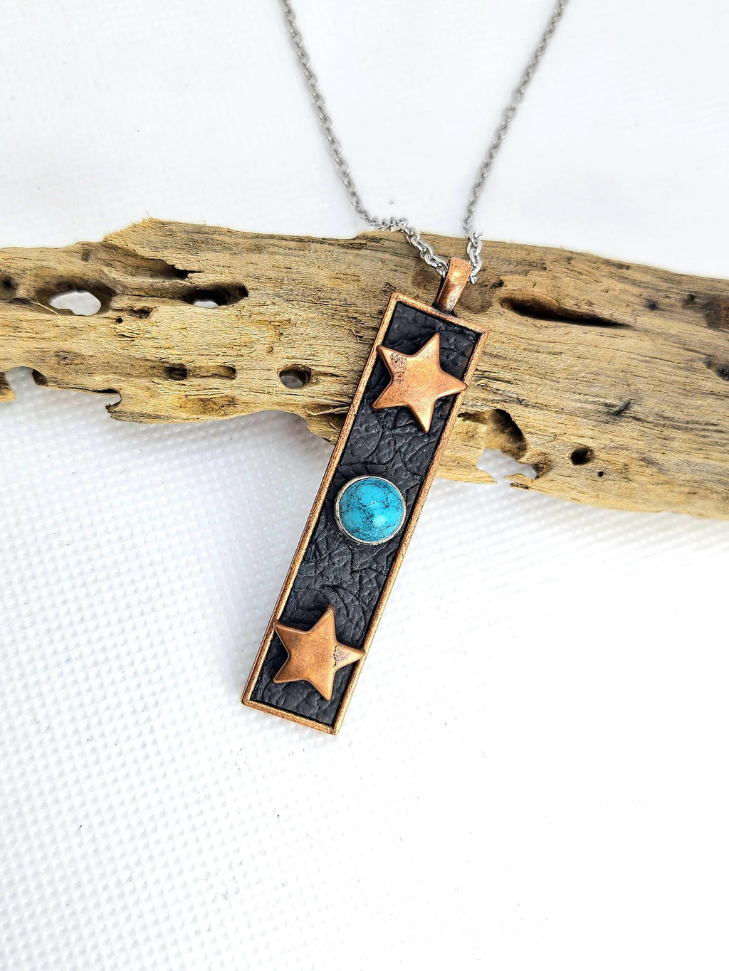 Handmade Copper  Turquoise Pendant Necklace on Durable Stainless Steel Chain for Rustic Boho Style Perfect Gift Idea