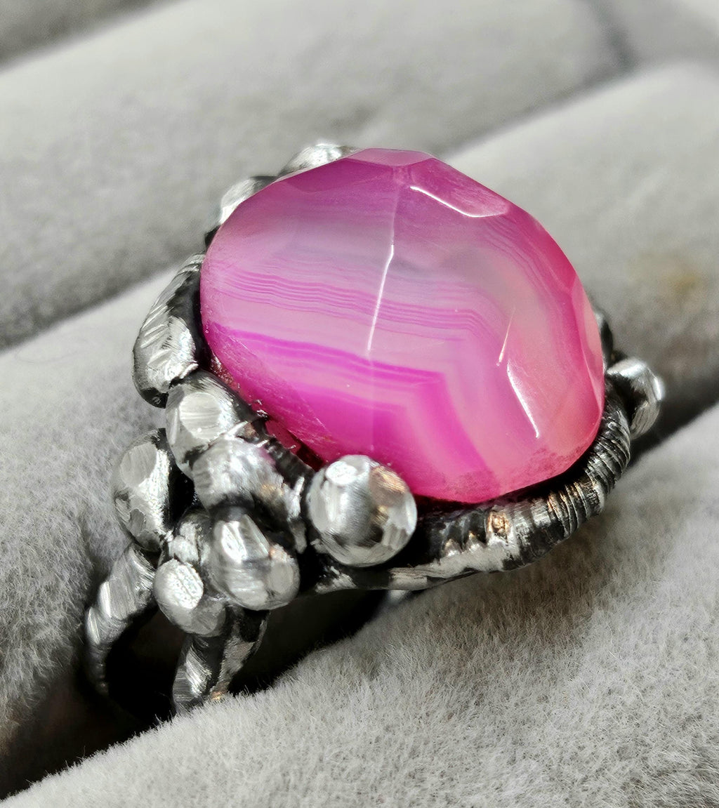 Pink Chalcedony  Silver Solder Ring  Handmade Rustic Boho Jewelry Gift for Her with FREE Shipping  Unique Statement Piece