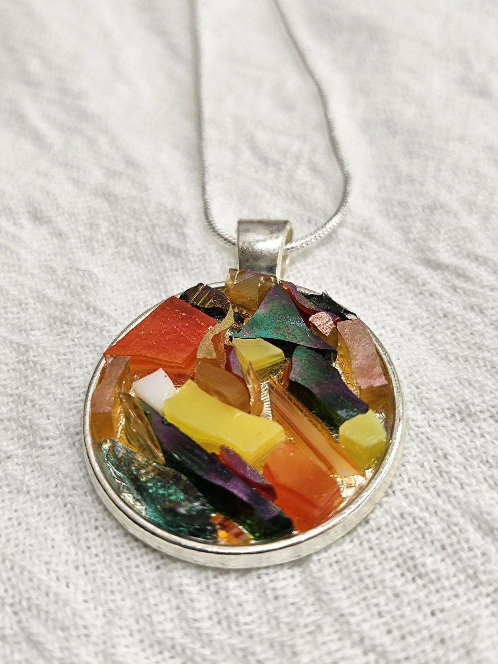 Dichroic Glass Mosaic Pendant Necklace - Rustic Boho Handmade Jewelry Gift for Her - Unique Statement Piece with FREE SHIPPING
