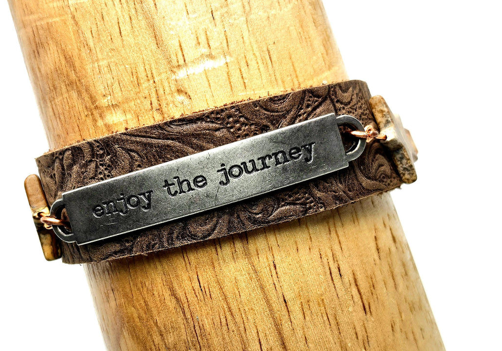Tooled Leather  Jasper Stone Bracelet with Unique Word Plate Snap Closure for Stylish Comfort  Expression