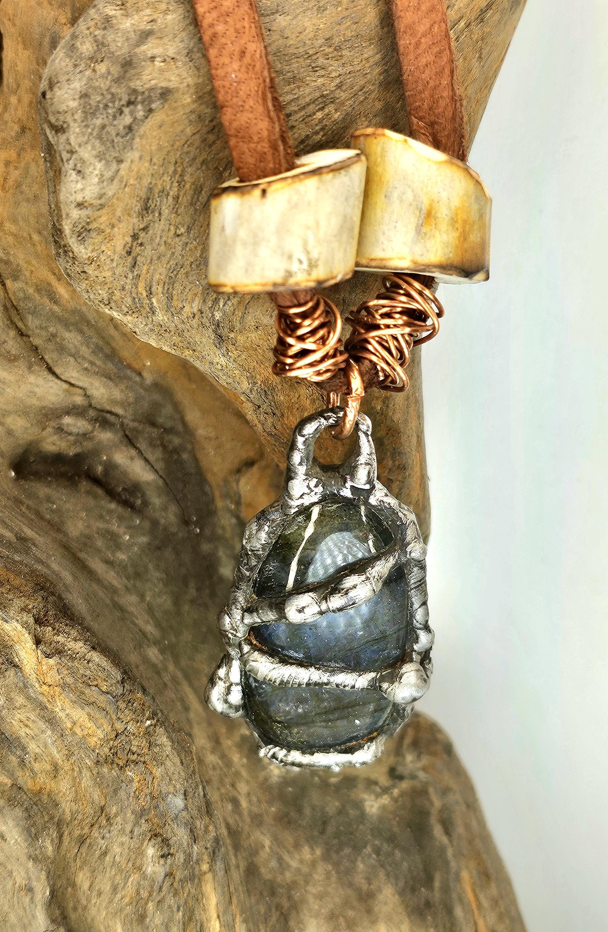 Leather Necklace with Silver-Soldered Blue Labradorite  Deer Antler Beads for Nature-Inspired Style