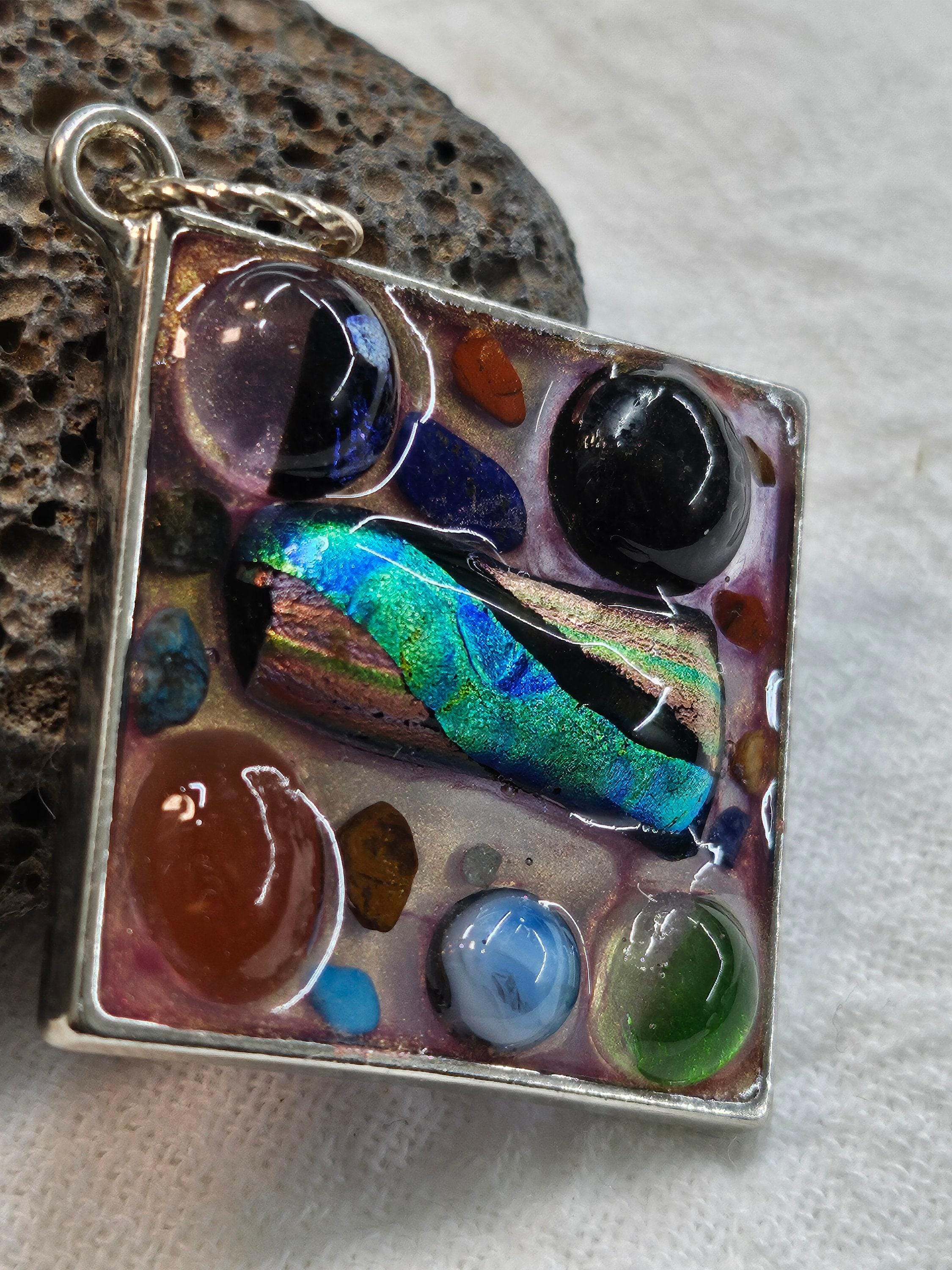 Fused Glass Mosaic Pendant in Rustic Boho Style  Handmade Jewelry Gift for Her  Unique Statement Accessory with FREE Shipping 236