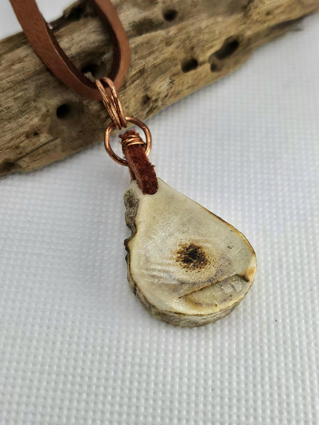 Natural Deer Antler Slice Pendant Necklace with Bullet Brass  Pink Tourmaline Accents on Leather Cord - Eco-Chic Woodland Jewelry