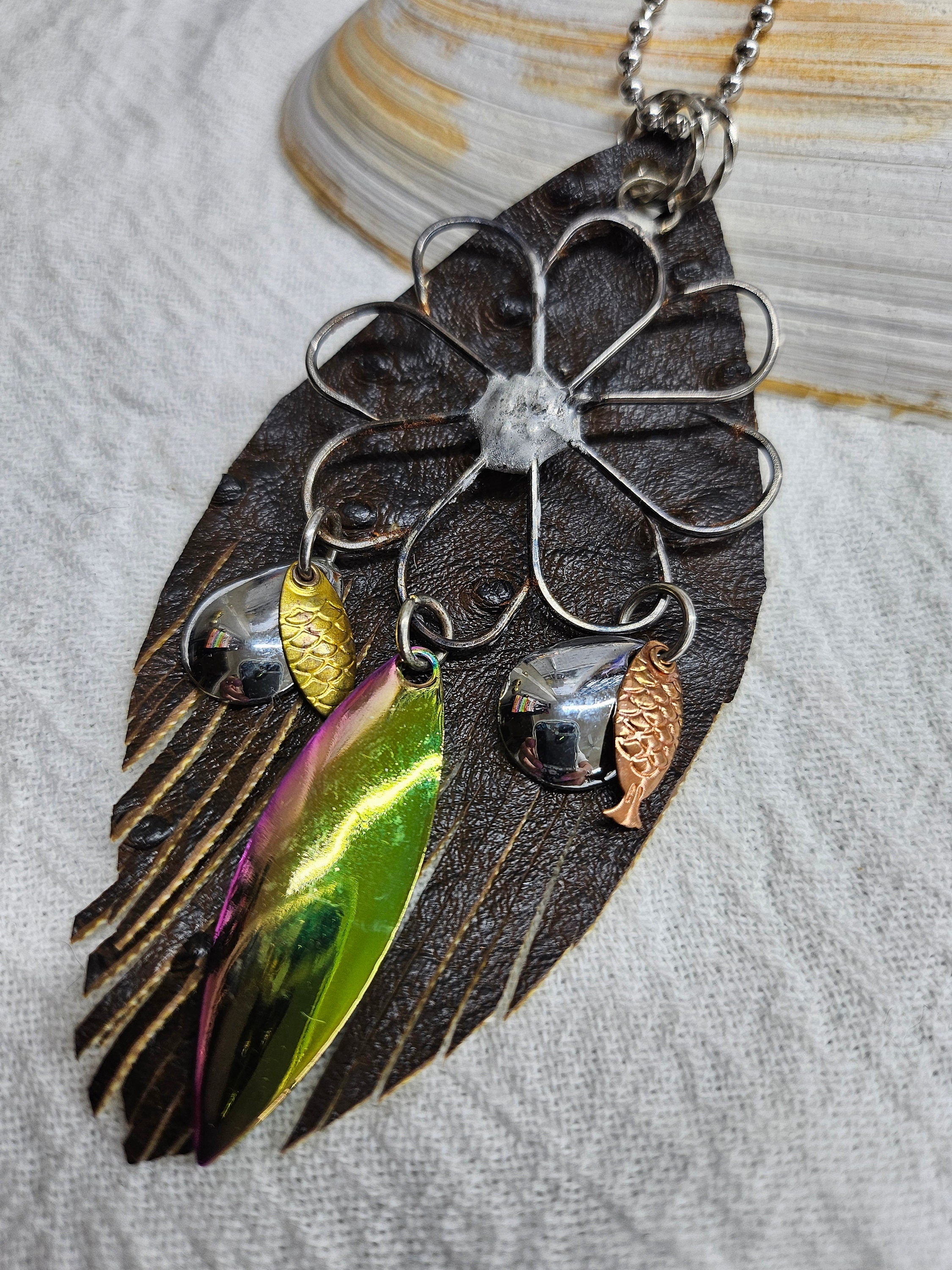 Fish Hook Leather Pendant Necklace on Stainless Steel Chain - Nautical Jewelry for Men  Women - Adventure-Inspired Accessory