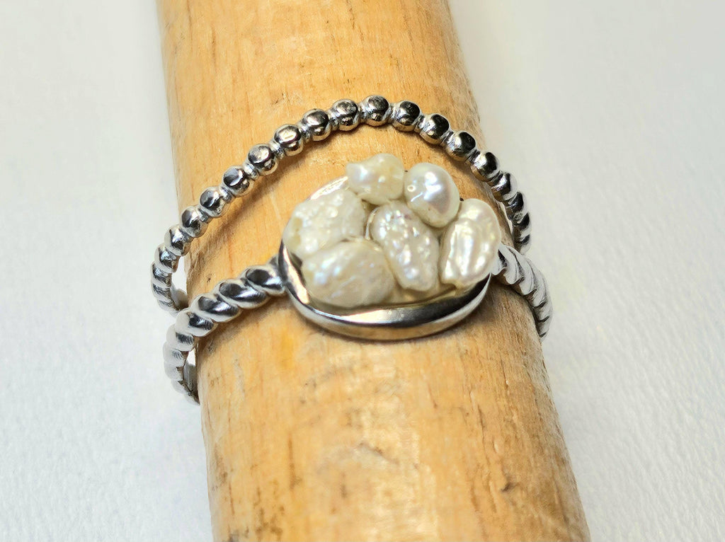 Fresh Water Pearl Ring - Rustic Boho Handmade Jewelry Gift for Her - FREE SHIPPING - Sparkling Statement Piece for Any Occasion 390