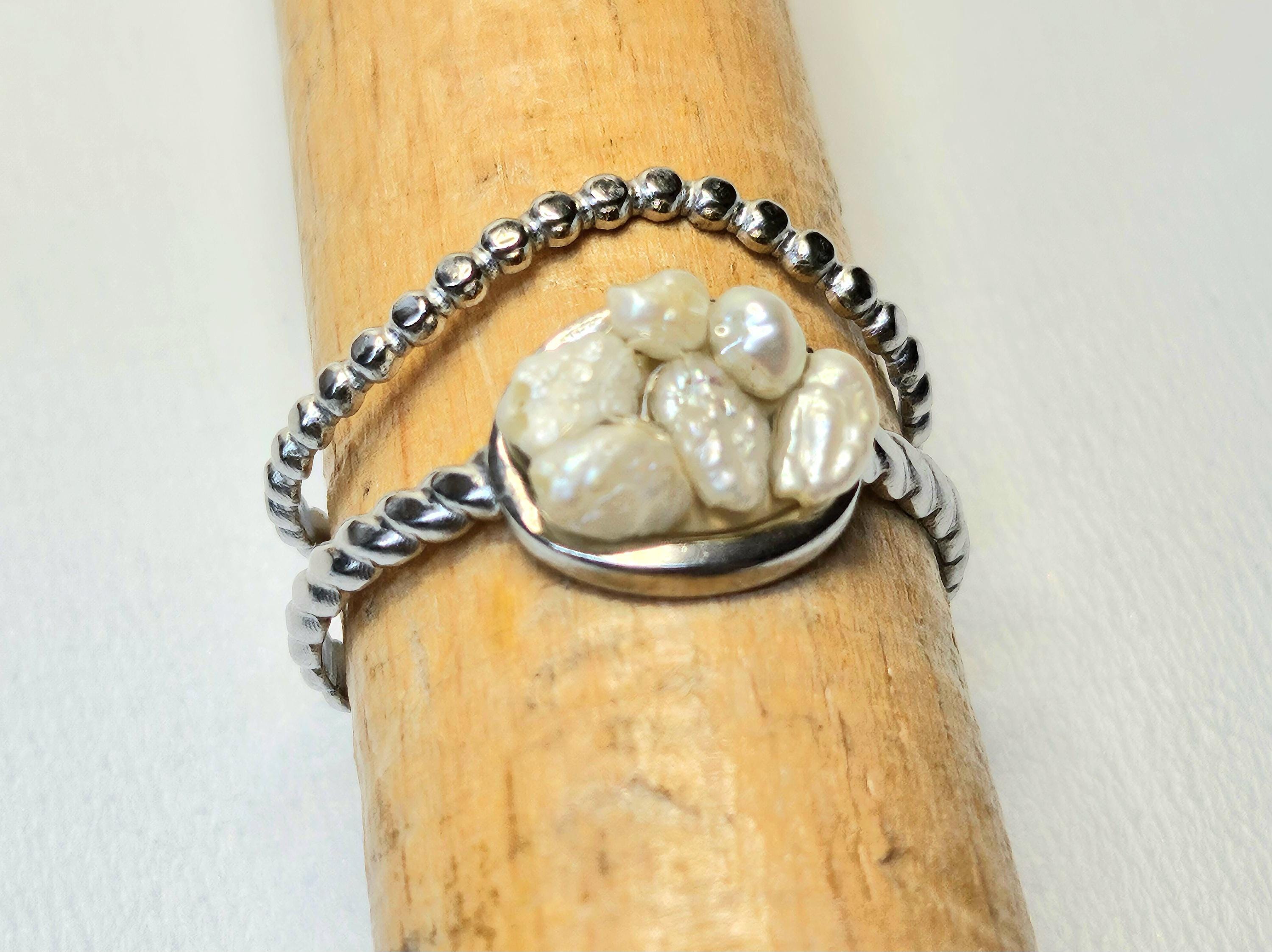 Fresh Water Pearl Ring - Rustic Boho Handmade Jewelry Gift for Her - FREE SHIPPING - Sparkling Statement Piece for Any Occasion 390