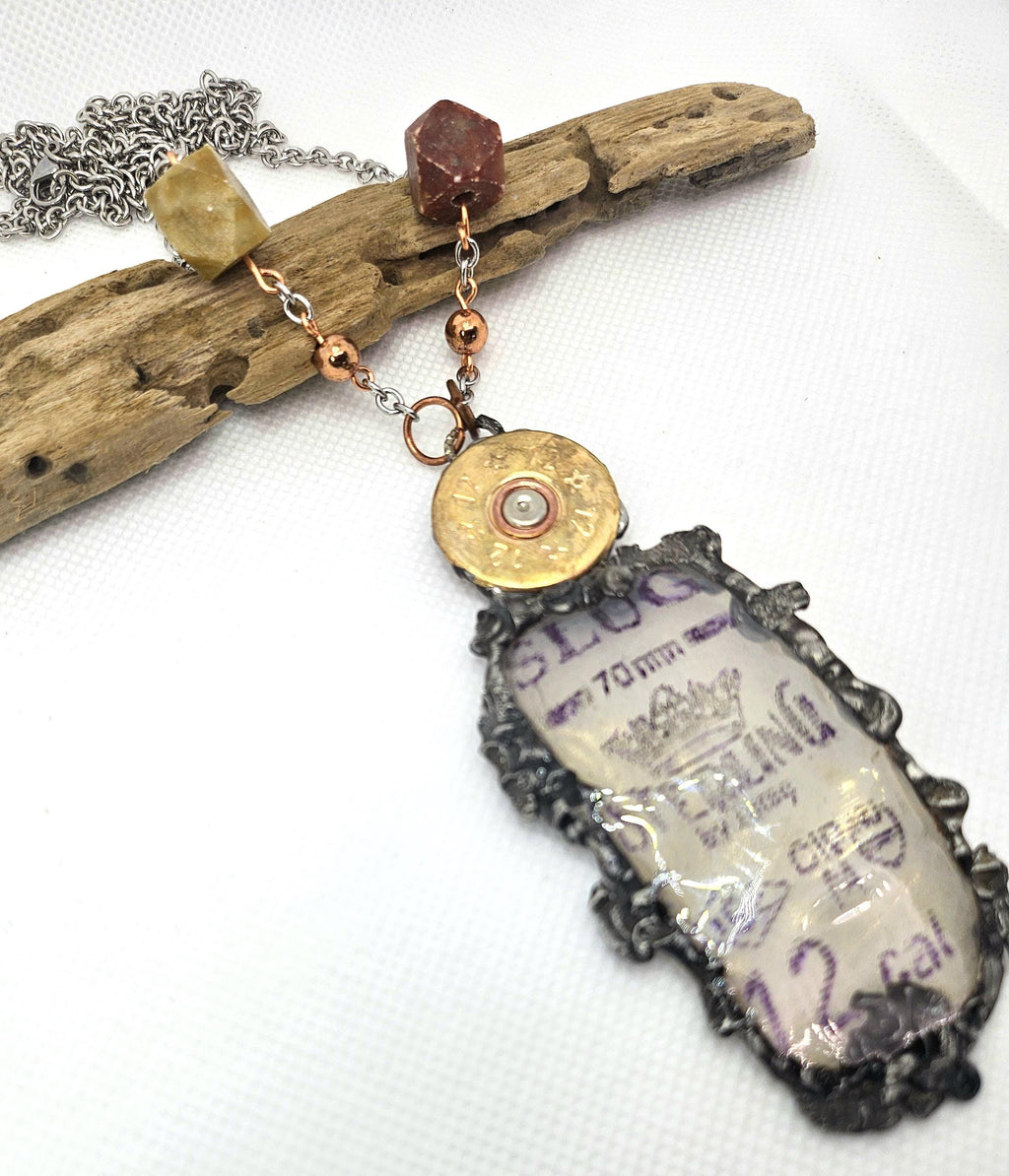 12 Gauge Shotgun Shell Casing  Brass Pendant Necklace  Rustic Boho Handmade Jewelry Gift for Her  Free Shipping