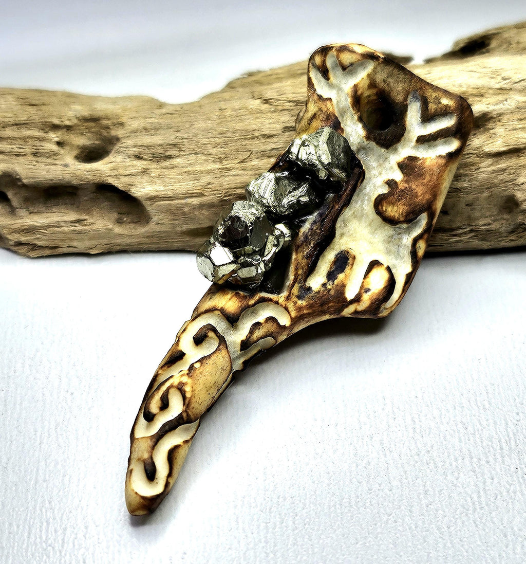 Hand Carved Deer Tine  Pyrite Nugget Pendant on Stainless Steel Chain  Rustic Woodland Jewelry Good Luck Charm for Nature Lovers