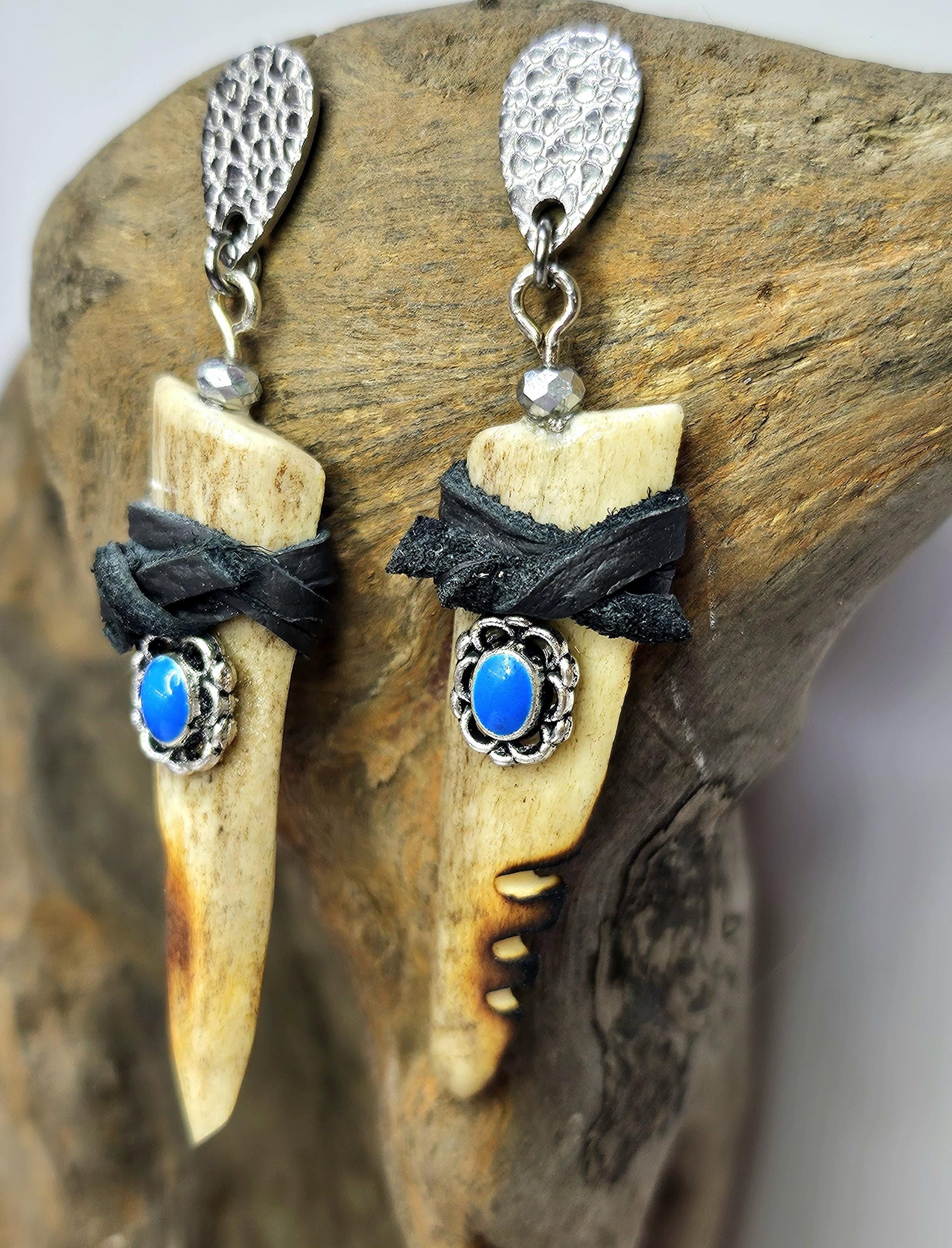 Handmade Rustic Boho Split Deer Antler Tine  Leather Earrings with Turquoise and Gemstones - Unique Gift for Her Free Shipping