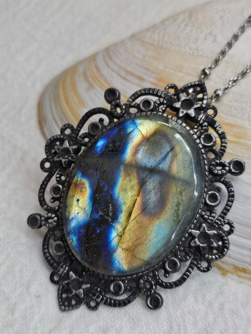Natural Blue  Gold Flash Labradorite Stone Pendant - Unique Rustic Boho Handmade Jewelry Gift for Her - Artisan Accessory with Free Shipping