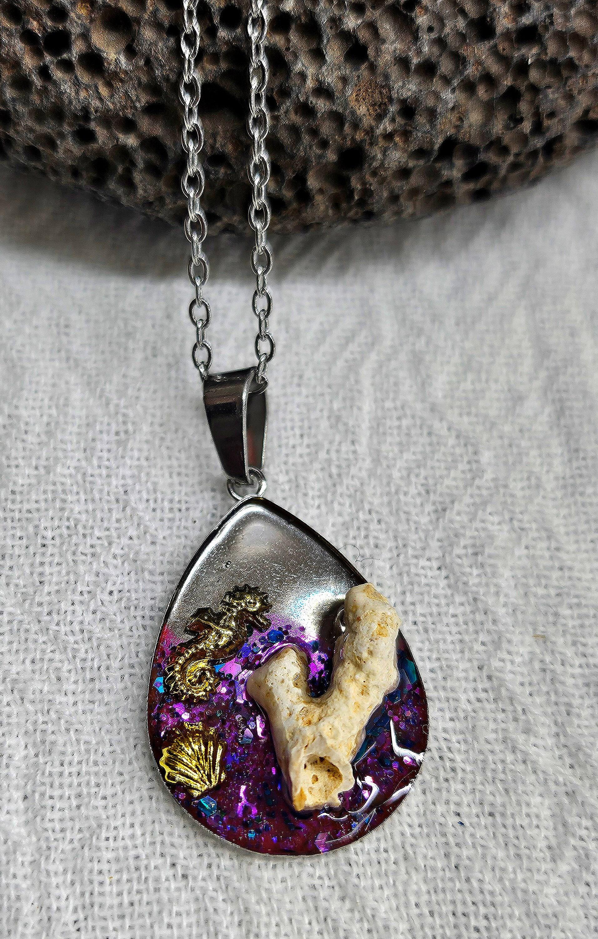 White Hawaiian Coral Pendant  Rustic Boho Handmade Jewelry Gift for Her  Unique Resin  Stainless Steel Accessory with Free Shipping