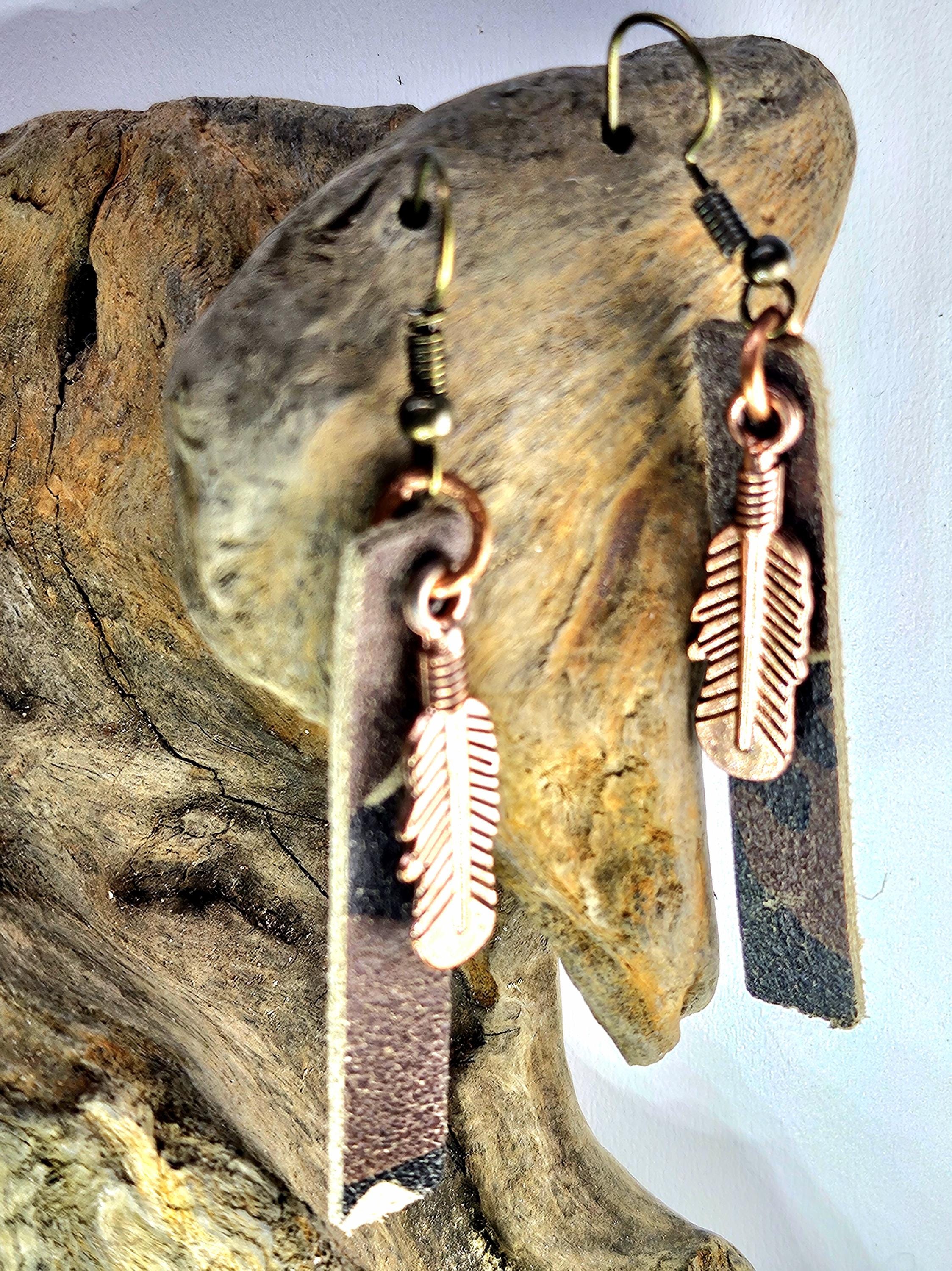 Handcut Camouflage Leather  Feather Charm Earrings with Whimsical Deer Pendant for Unique Style