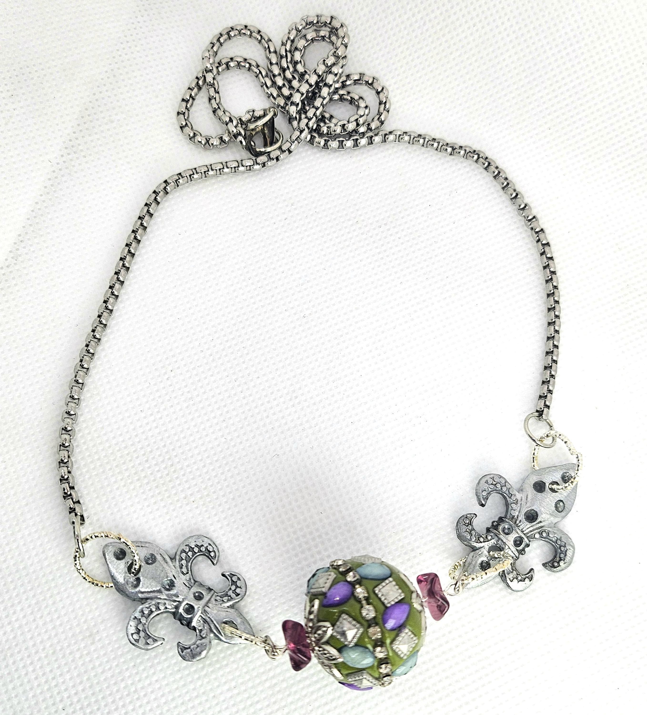 Fleur De Lis Jesse James Bead Pendant Necklace - Rustic Boho Handmade Jewelry Gift for Her - FREE Shipping Unique Accessory for Rustic