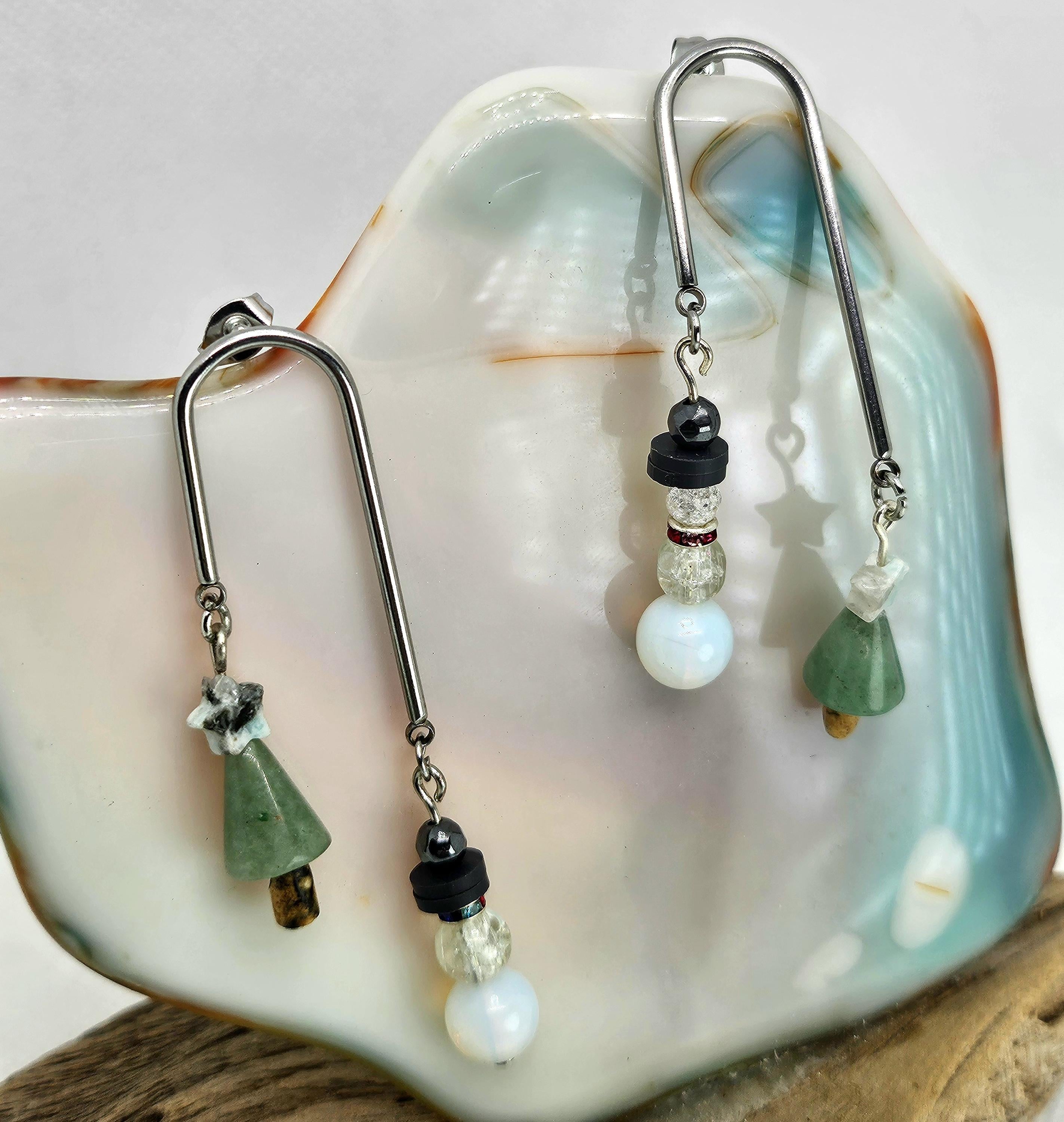Green Aventurine & Mother of Pearl Christmas Earrings Rustic Boho Handmade Jewelry Gift for Her Free Shipping | Rustic Boho Jewelry #370
