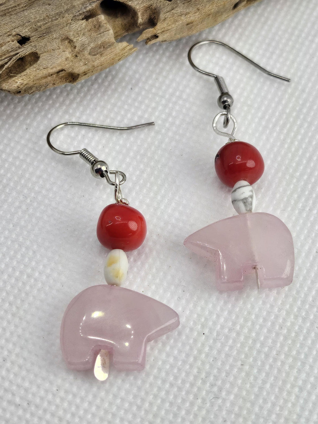 Handcrafted Red Coral  Rose Quartz Zuni Bear Earrings in Durable Stainless Steel - Rustic Boho Charm for Fashionistas Perfect Gift