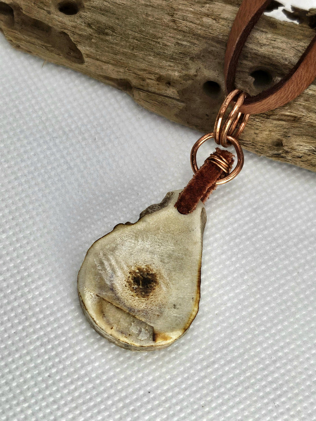 Natural Deer Antler Slice Pendant Necklace with Bullet Brass  Pink Tourmaline Accents on Leather Cord - Eco-Chic Woodland Jewelry