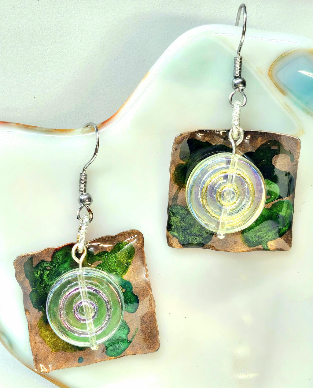 Hand Textured Copper  Czech Glass Rustic Boho Earrings Handmade Jewelry Gift for Her Free Shipping Unique Style 239