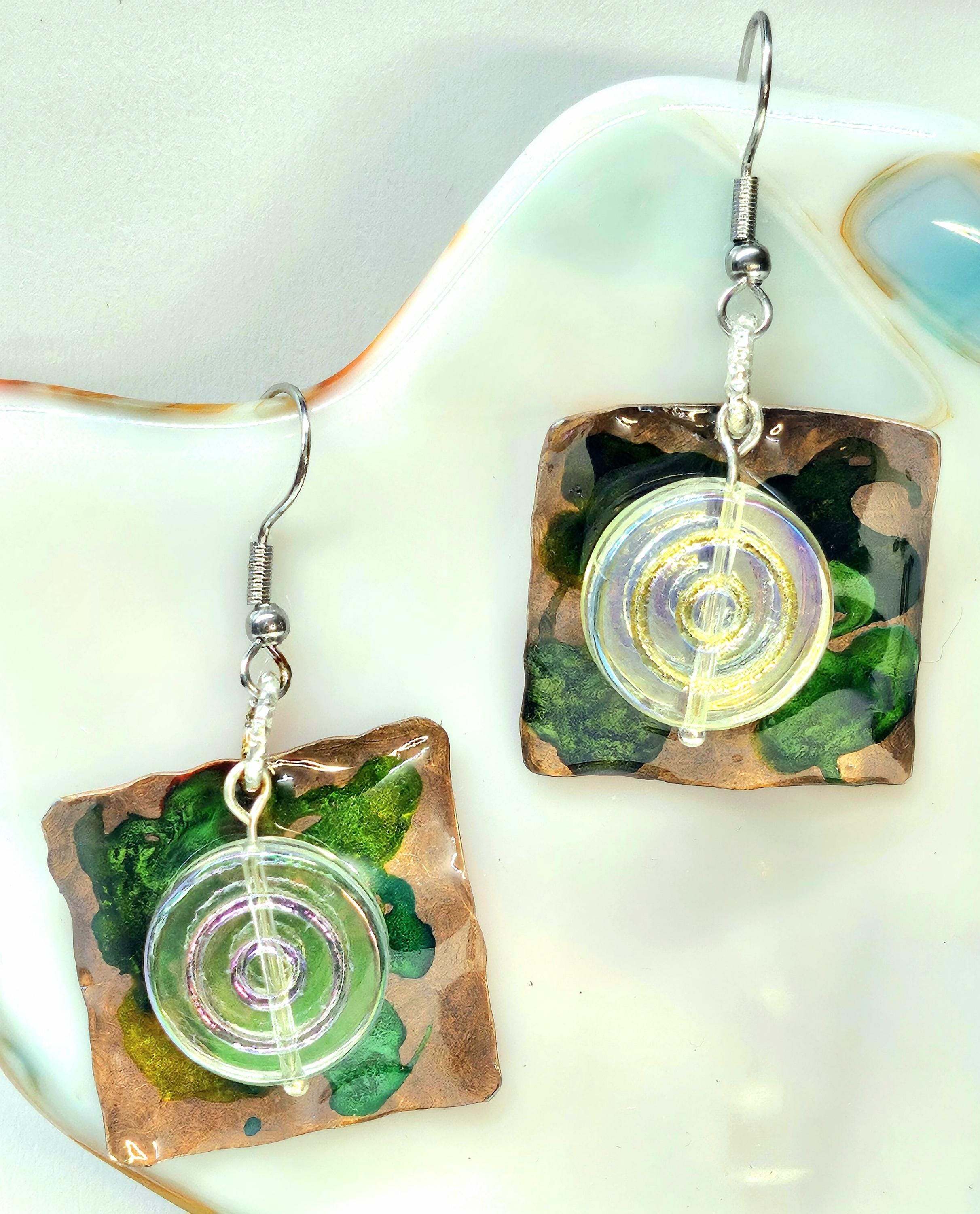 Hand Textured Copper  Czech Glass Rustic Boho Earrings Handmade Jewelry Gift for Her Free Shipping Unique Style 239