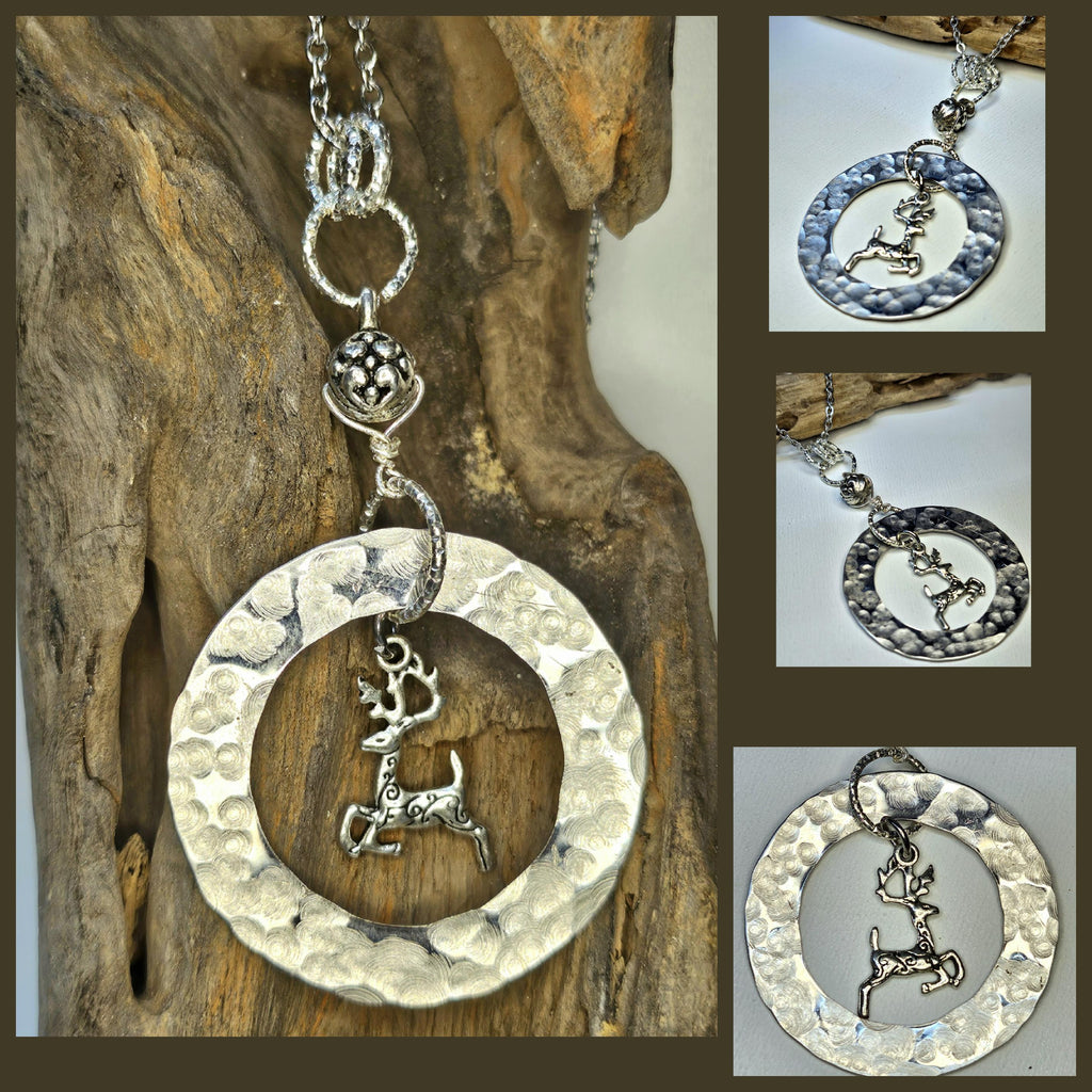Hand Textured Rustic Boho Deer Charm Pendant Necklace  Unique Handmade Jewelry Gift for Her with Free Shipping  Woodland Goddess