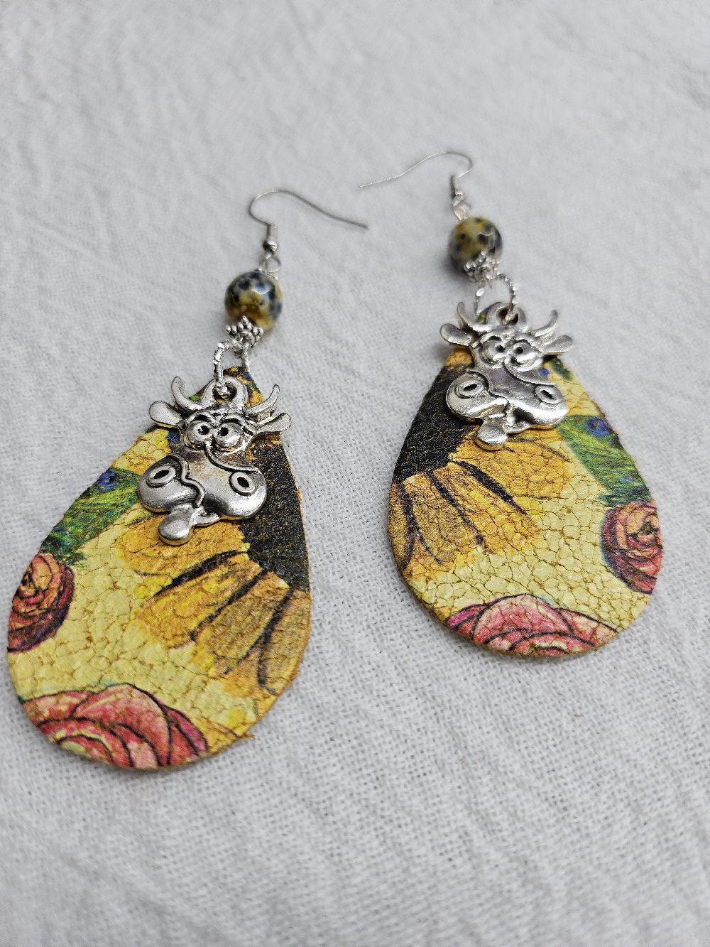 Leather Sunflower  Cow Print Dangle Earrings Handmade Rustic Boho Style Unique Stainless Steel Accessory for Gifting