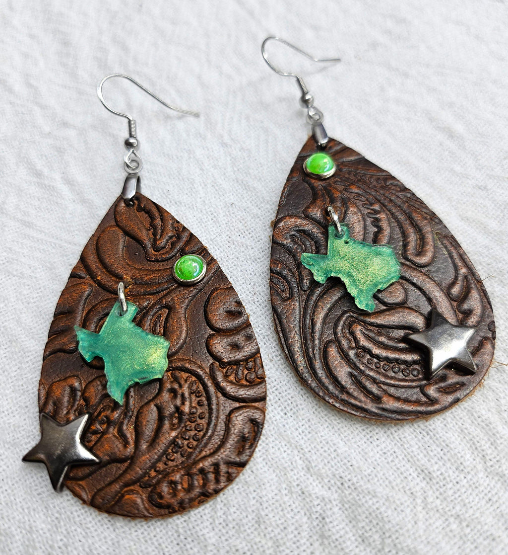 Handmade Tooled Leather Texas Earrings for Cowgirl Style - Rustic Boho Unique Studs  Drop Earrings Gift for Her with FREE Shipping