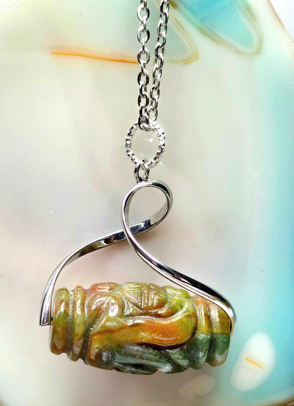 Handmade Carved Jadeite Stone Pendant - Rustic Boho Jewelry Gift for Her - Unique Nature-Inspired Design with Free Shipping