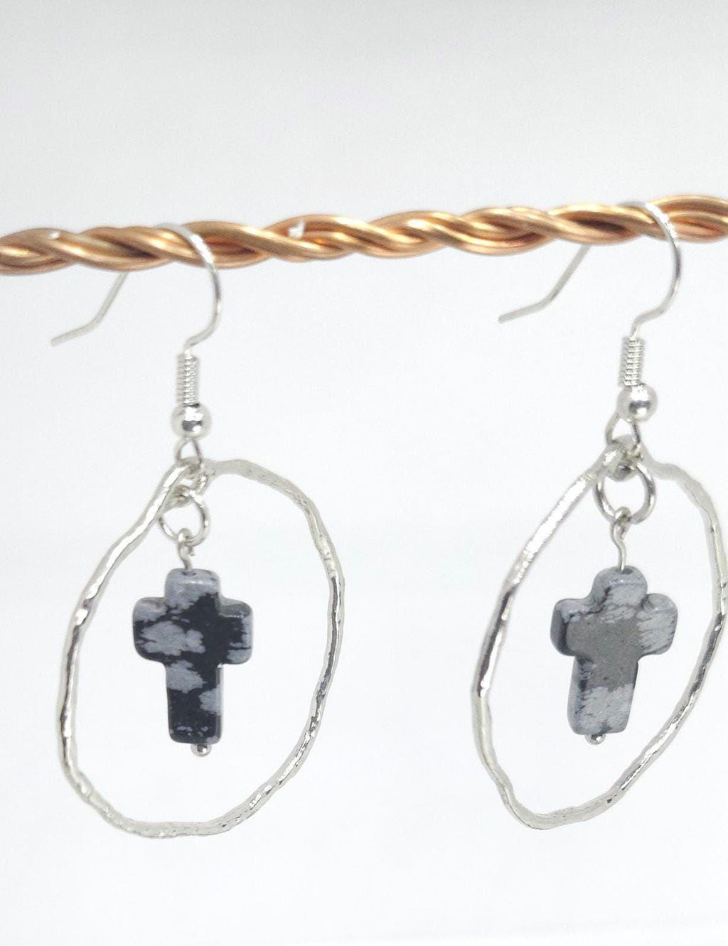 Handmade Snowflake Obsidian Cross Drop Earrings for Rustic Boho Style Elegant Stone Jewelry - Unique Gift with FREE Shipping