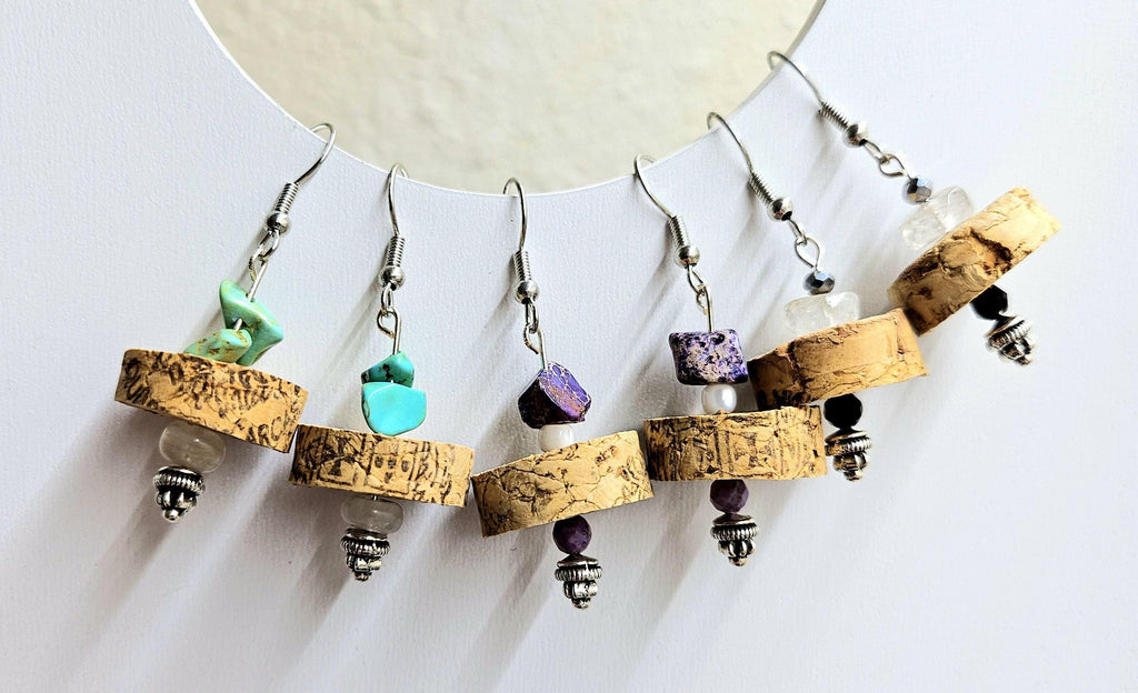 Purple Sea Sediment Jasper & Wine Cork Earrings Rustic Boho Handmade Jewelry Gift for Her Free Shipping | Rustic Boho Jewelry #363