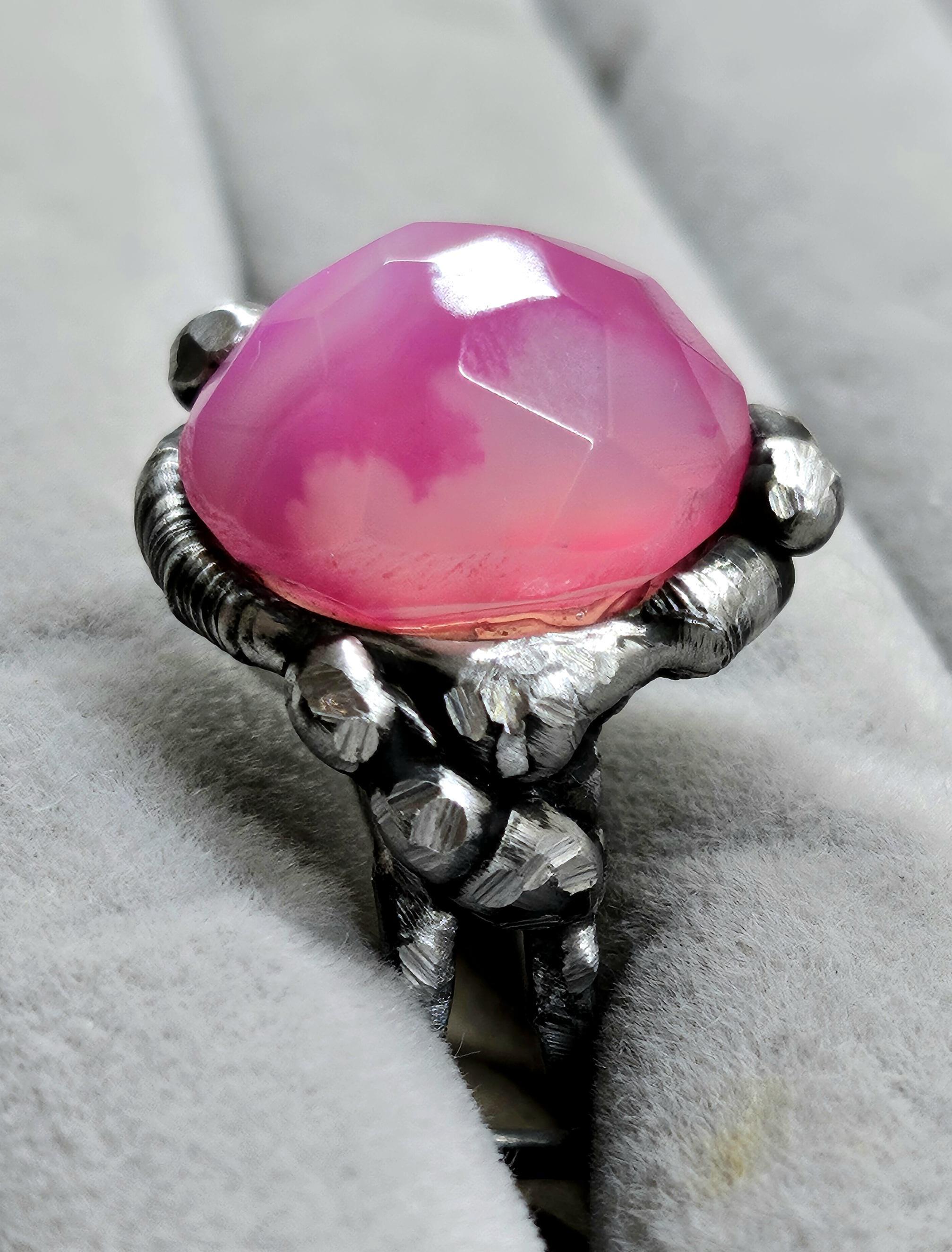 Pink Chalcedony  Silver Solder Ring  Handmade Rustic Boho Jewelry Gift for Her with FREE Shipping  Unique Statement Piece