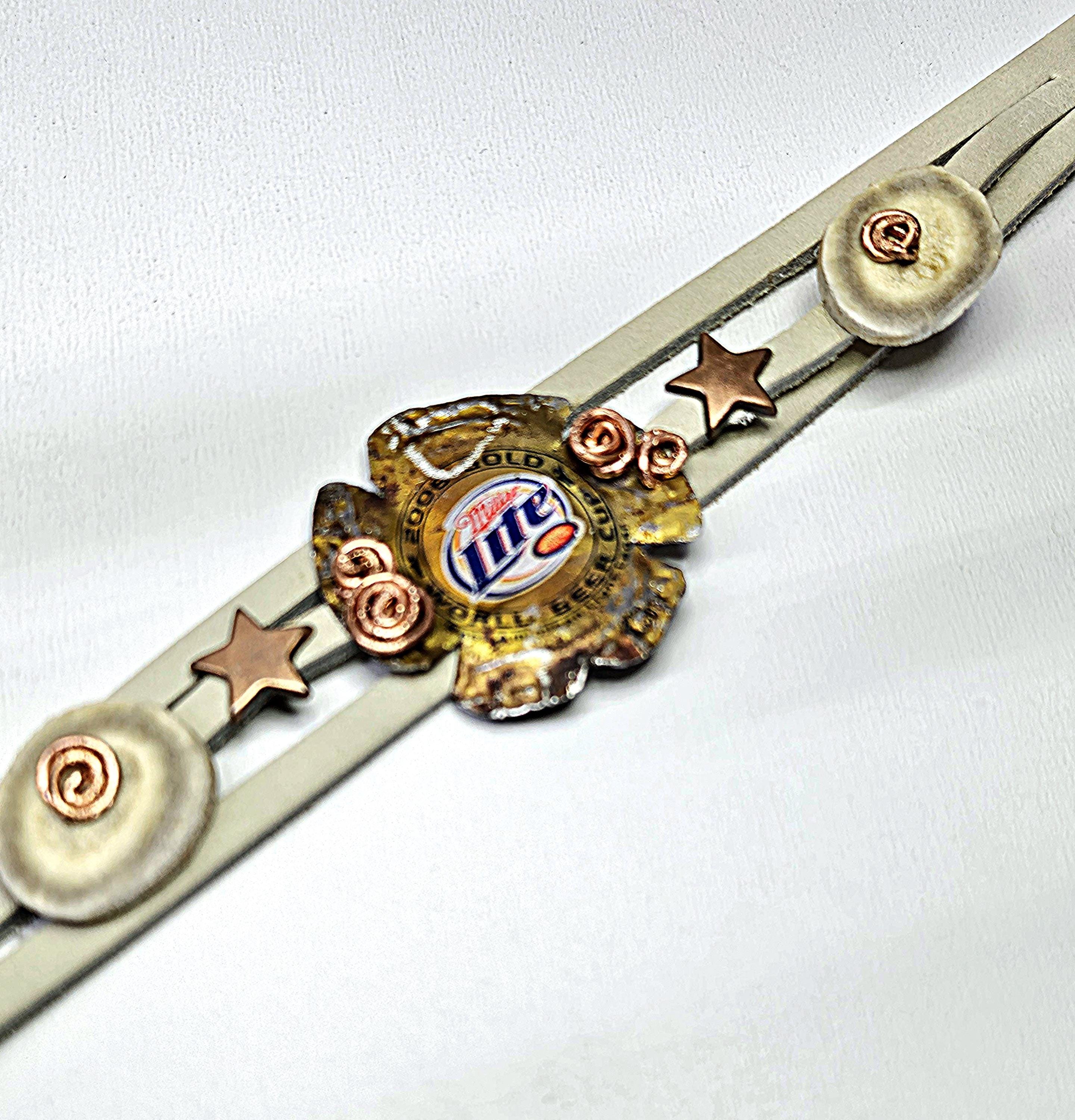 Metal Beer Cap Leather Bracelet with Genuine Deer Antler Slice for Rustic Strength Style  Masculinity