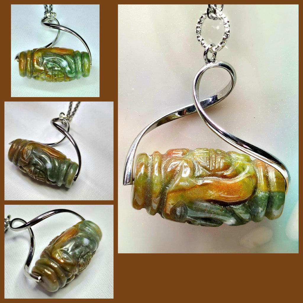 Handmade Carved Jadeite Stone Pendant - Rustic Boho Jewelry Gift for Her - Unique Nature-Inspired Design with Free Shipping