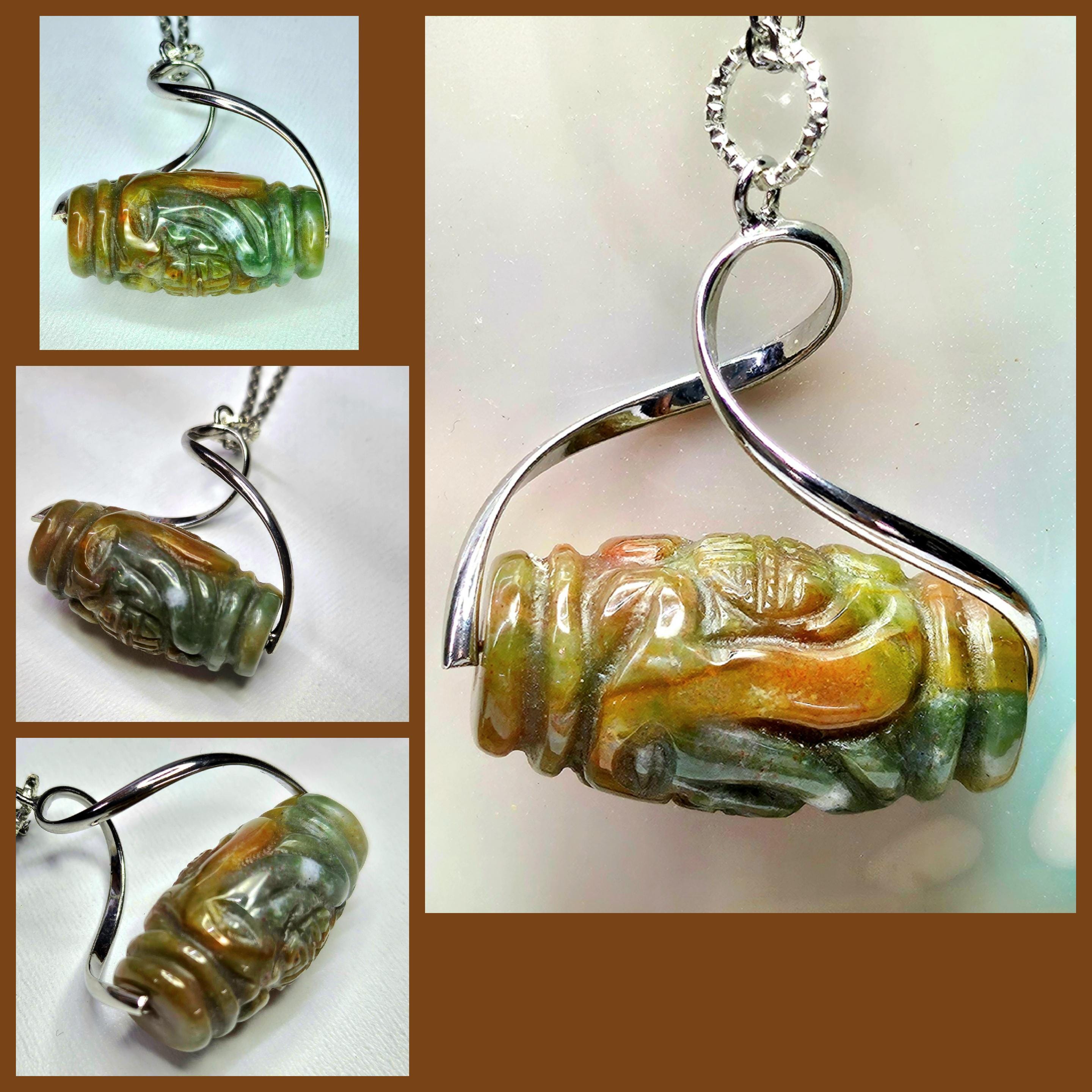 Handmade Carved Jadeite Stone Pendant - Rustic Boho Jewelry Gift for Her - Unique Nature-Inspired Design with Free Shipping