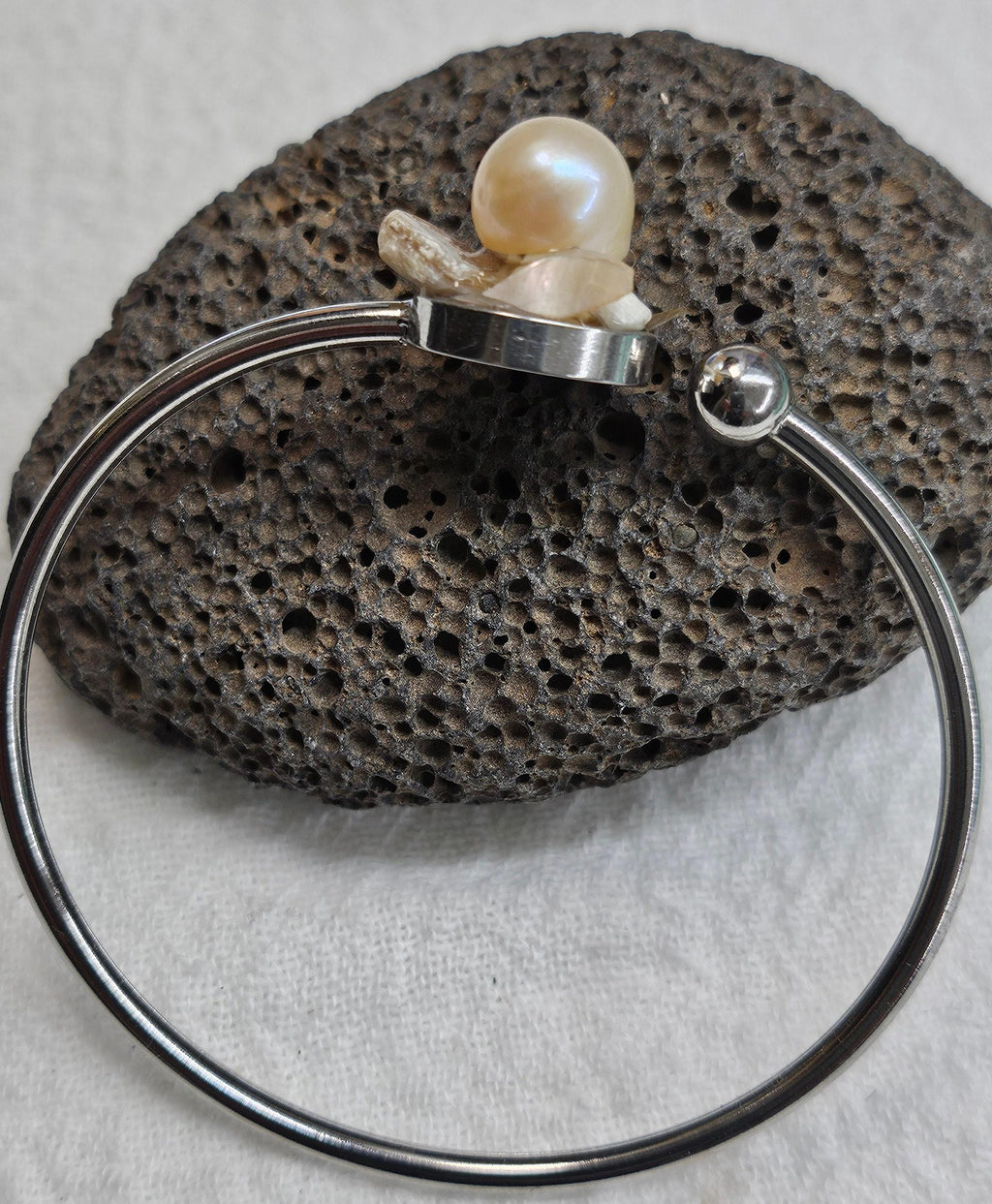 Fresh Water Pearl Bangle Bracelet Rustic Boho Handmade Jewelry Gift for Her Unique Steel  Glass Design FREE Shipping Included